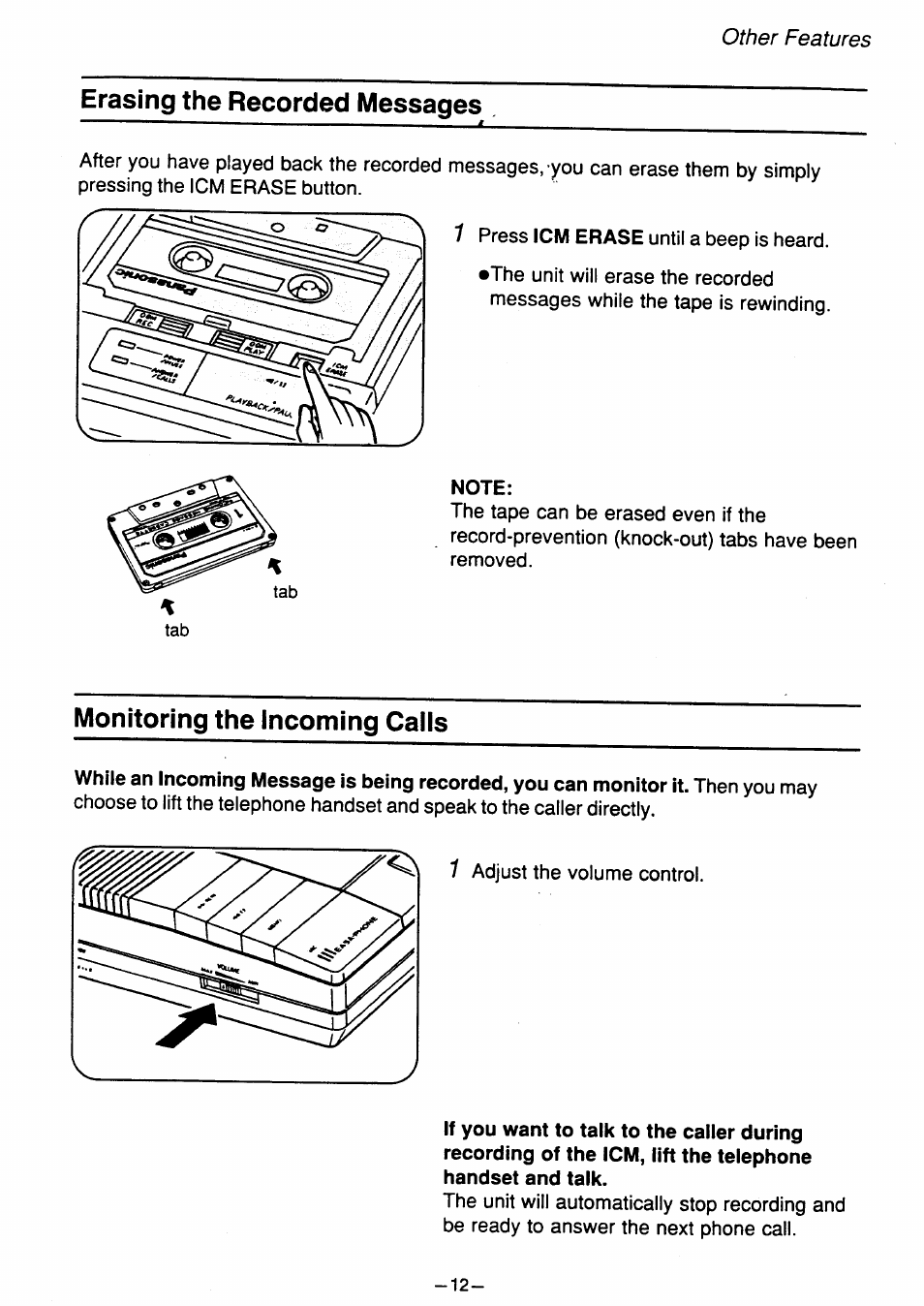 Monitoring the incoming calls, Erasing the recorded messages | Panasonic kx t1450 User Manual | Page 13 / 23