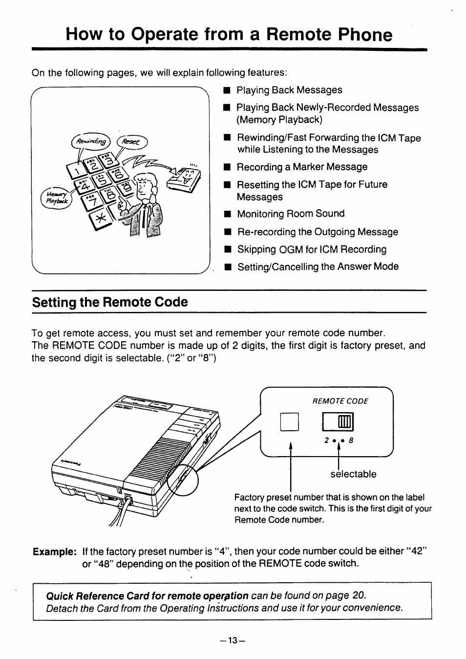 How to operate from a remote phone, Setting the remote code | Panasonic kx t1450 User Manual | Page 14 / 23