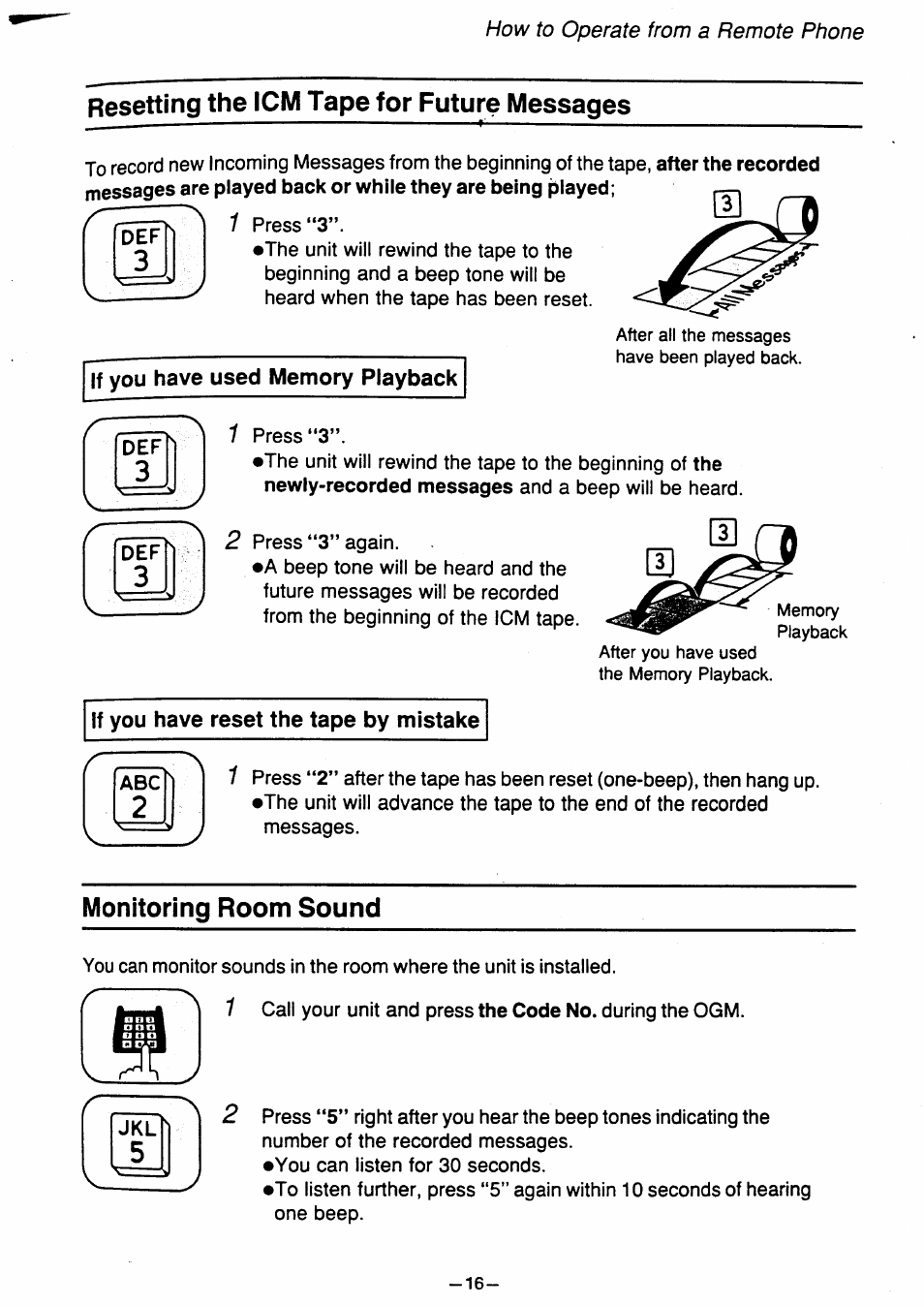 Resetting the icm tape for future messages, Monitoring room sound, How to operate from a remote phone | Panasonic kx t1450 User Manual | Page 17 / 23