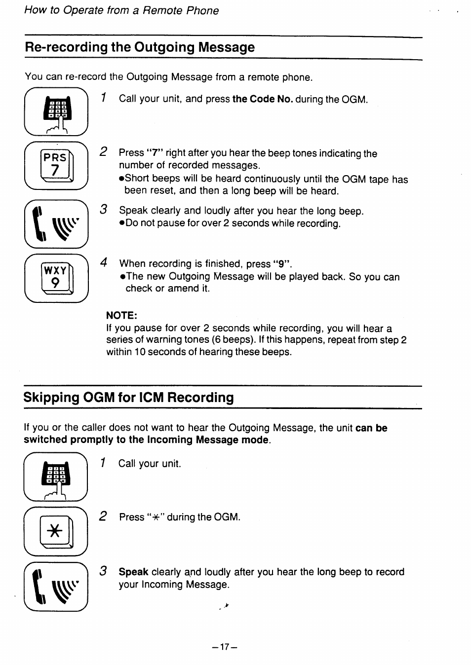 Skipping ogm for icm recording, How to operate from a remote phone, Re-recording the outgoing message | Panasonic kx t1450 User Manual | Page 18 / 23