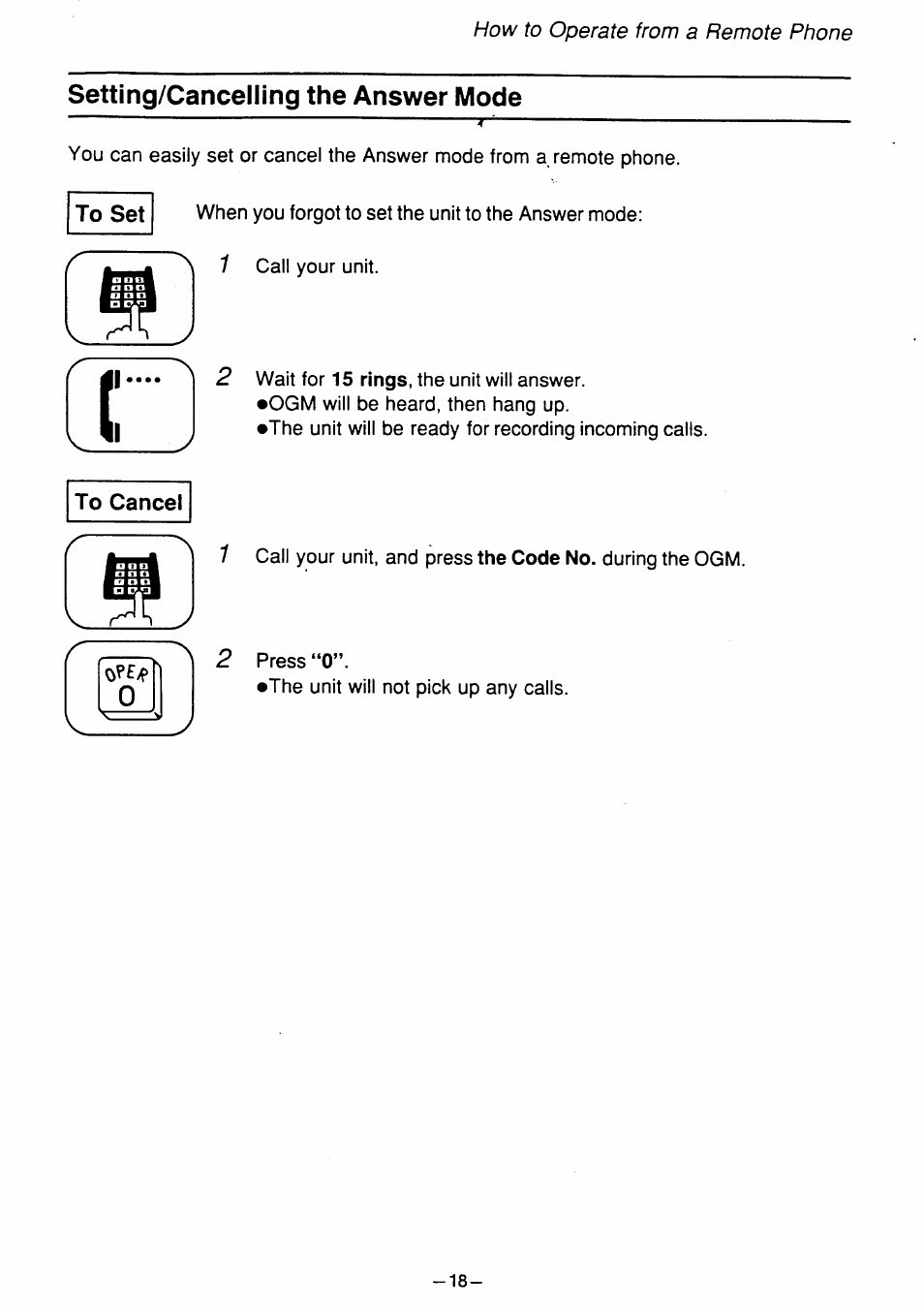 Setting/cancelling the answer mode, To cancel, How to operate from a remote phone | Panasonic kx t1450 User Manual | Page 19 / 23