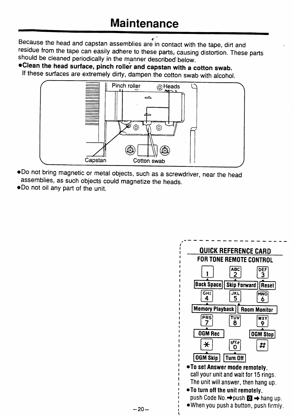 Maintenance, Quick reference card for tone remote control, To set answer mode remotely | Panasonic kx t1450 User Manual | Page 21 / 23