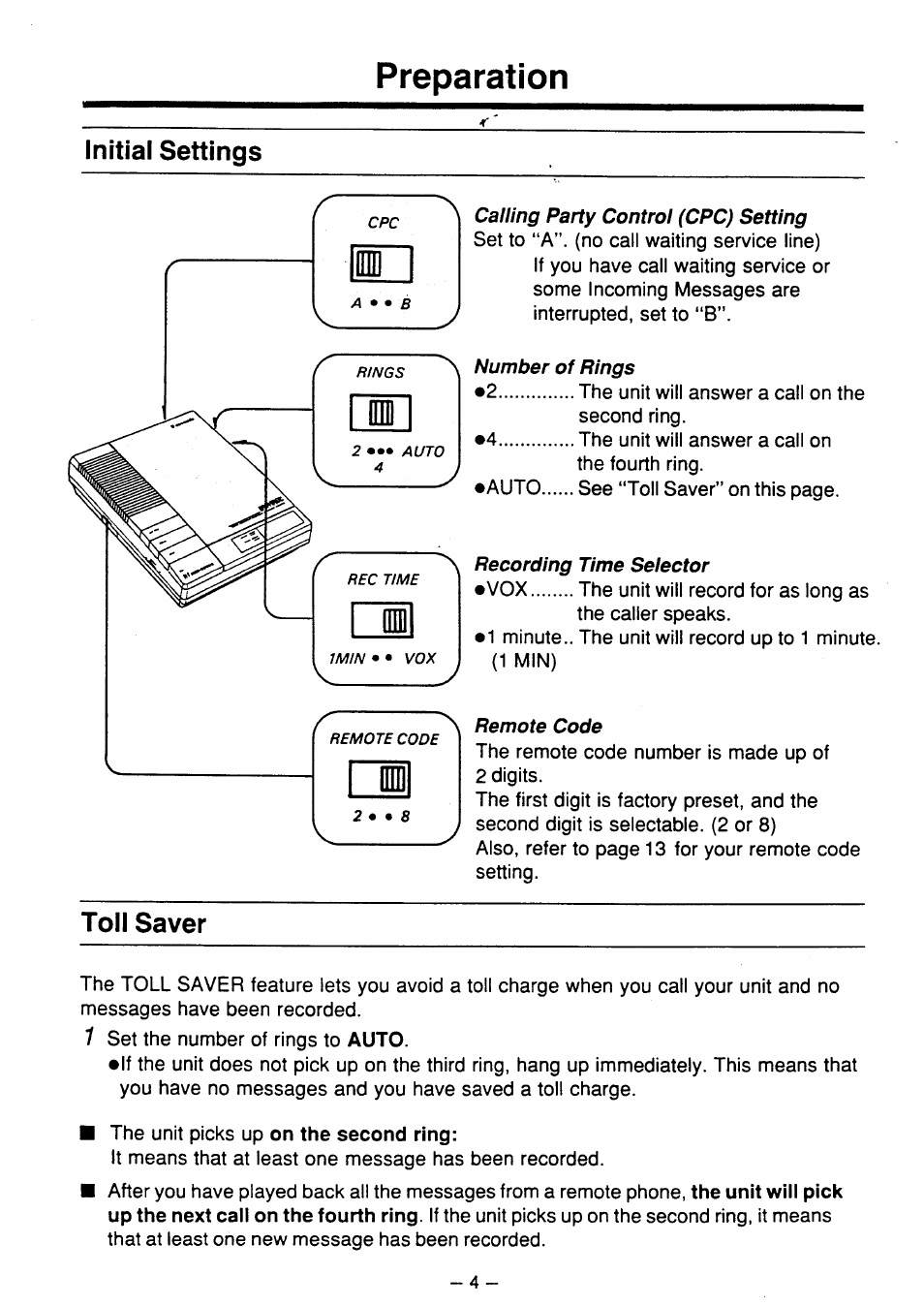 Preparation, Toll saver, Initial settings | Panasonic kx t1450 User Manual | Page 5 / 23