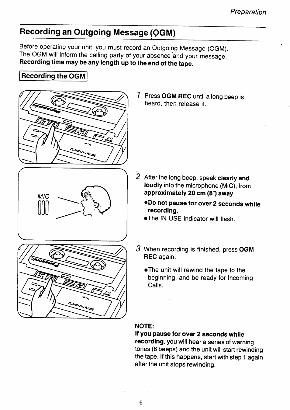 Preparation, Recording an outgoing message (ogm) | Panasonic kx t1450 User Manual | Page 7 / 23