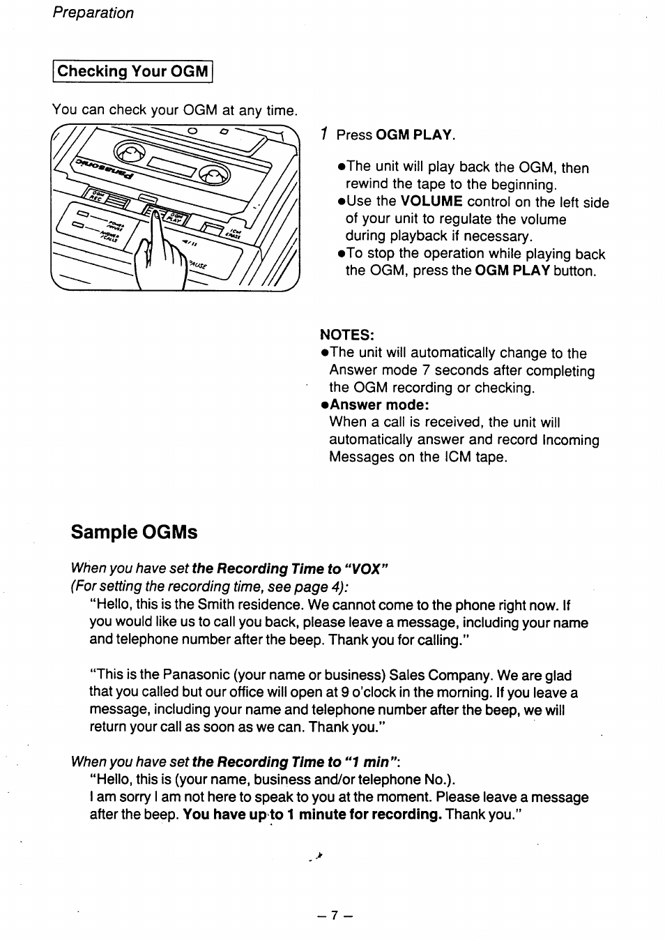 Sample ogms, Preparation | Panasonic kx t1450 User Manual | Page 8 / 23