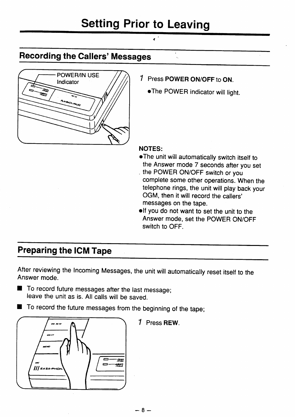 Setting prior to leaving, Preparing the icm tape, Recording the callers’ messages | Panasonic kx t1450 User Manual | Page 9 / 23