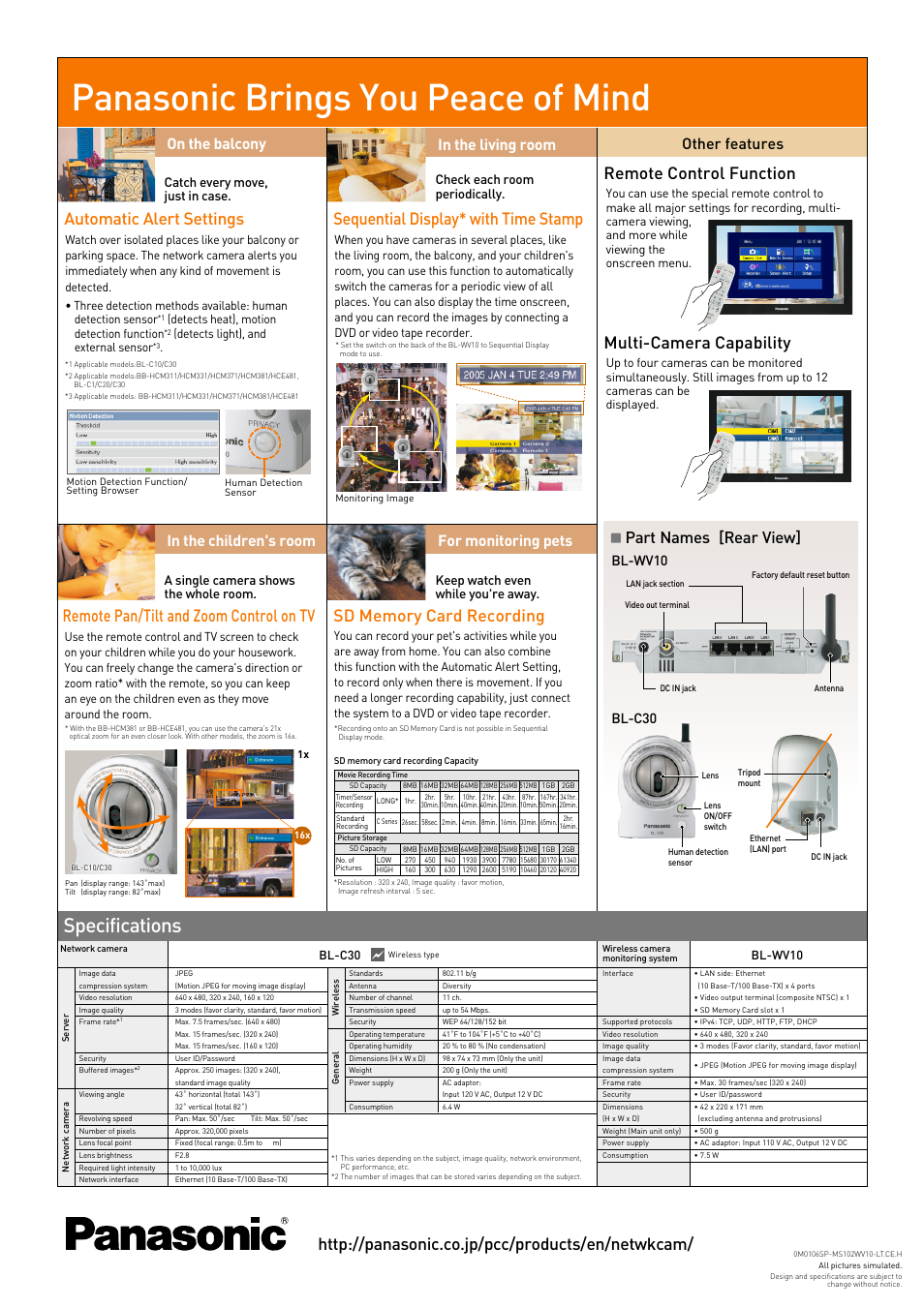 Panasonic brings you peace of mind, Specifications, Automatic alert settings | Multi-camera capability, On the balcony, For monitoring pets, Other features, Part names [rear view, Bl-wv10 bl-c30, Catch every move, just in case | Panasonic BL-MS102 User Manual | Page 4 / 4