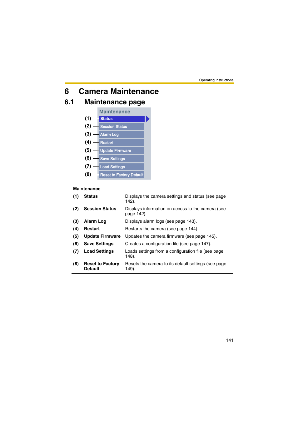6 camera maintenance, E 141), 6camera maintenance | 1 maintenance page | Panasonic BB-HCM403A User Manual | Page 141 / 184