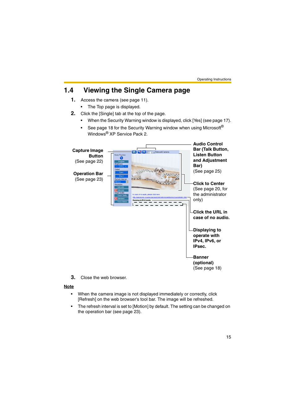 Ge 15), 4 viewing the single camera page | Panasonic BB-HCM403A User Manual | Page 15 / 184