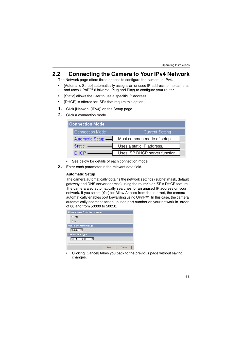 2 connecting the camera to your ipv4 network, E 38 | Panasonic BB-HCM403A User Manual | Page 38 / 184