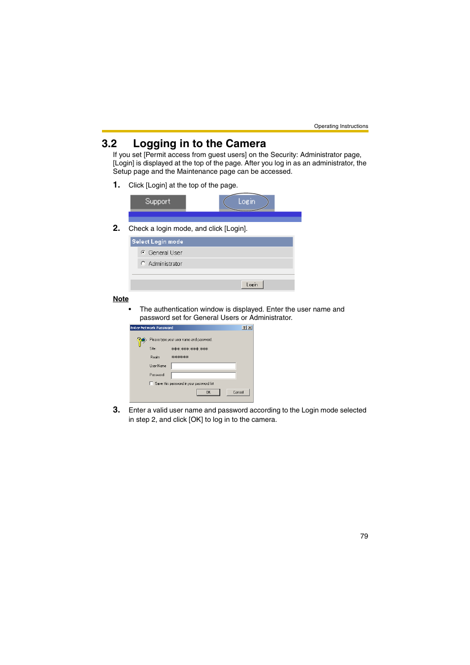 2 logging in to the camera, E 79 | Panasonic BB-HCM403A User Manual | Page 79 / 184