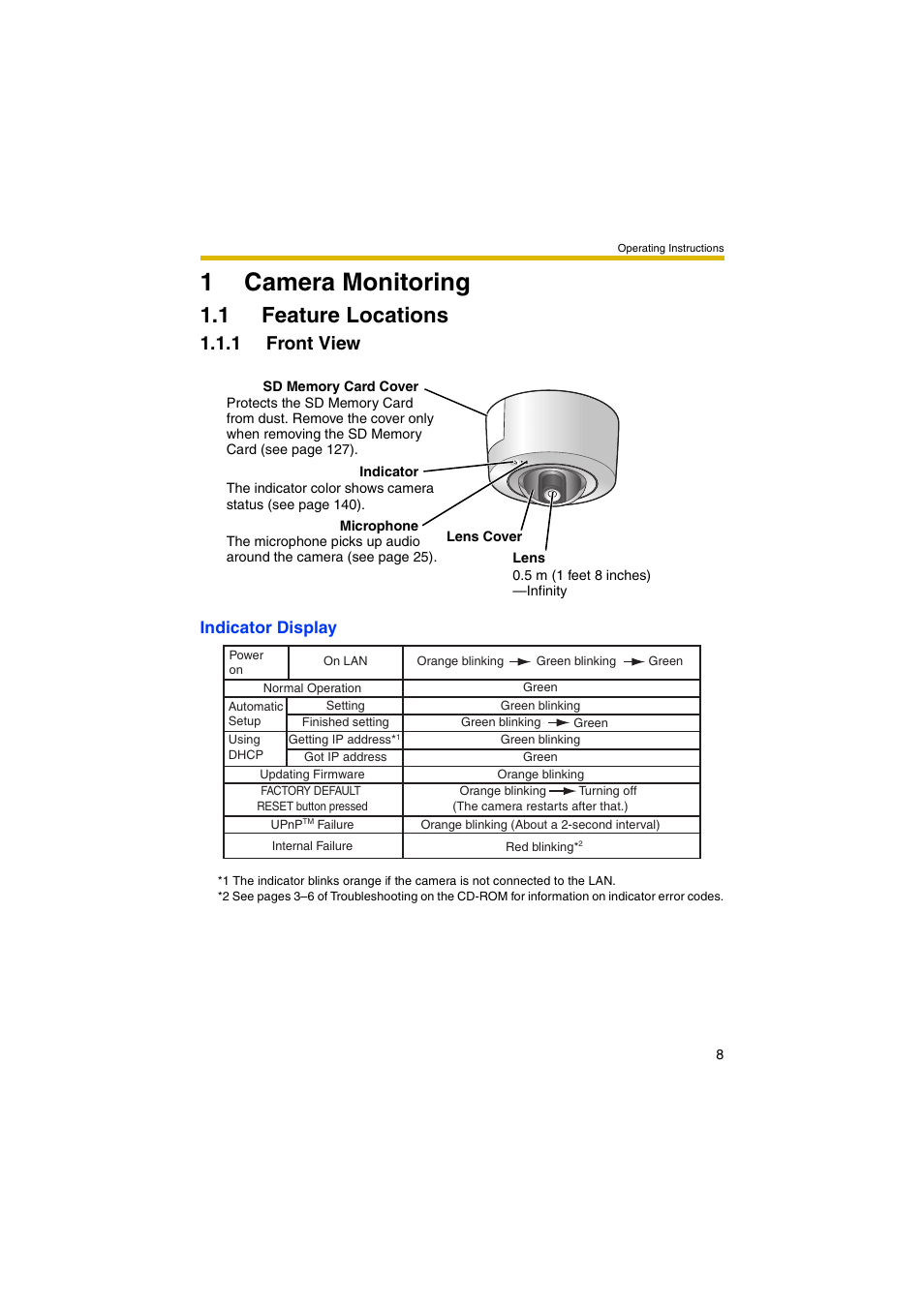 1 camera monitoring, 1 feature locations, 1 front view | 1camera monitoring, Indicator display | Panasonic BB-HCM403A User Manual | Page 8 / 184