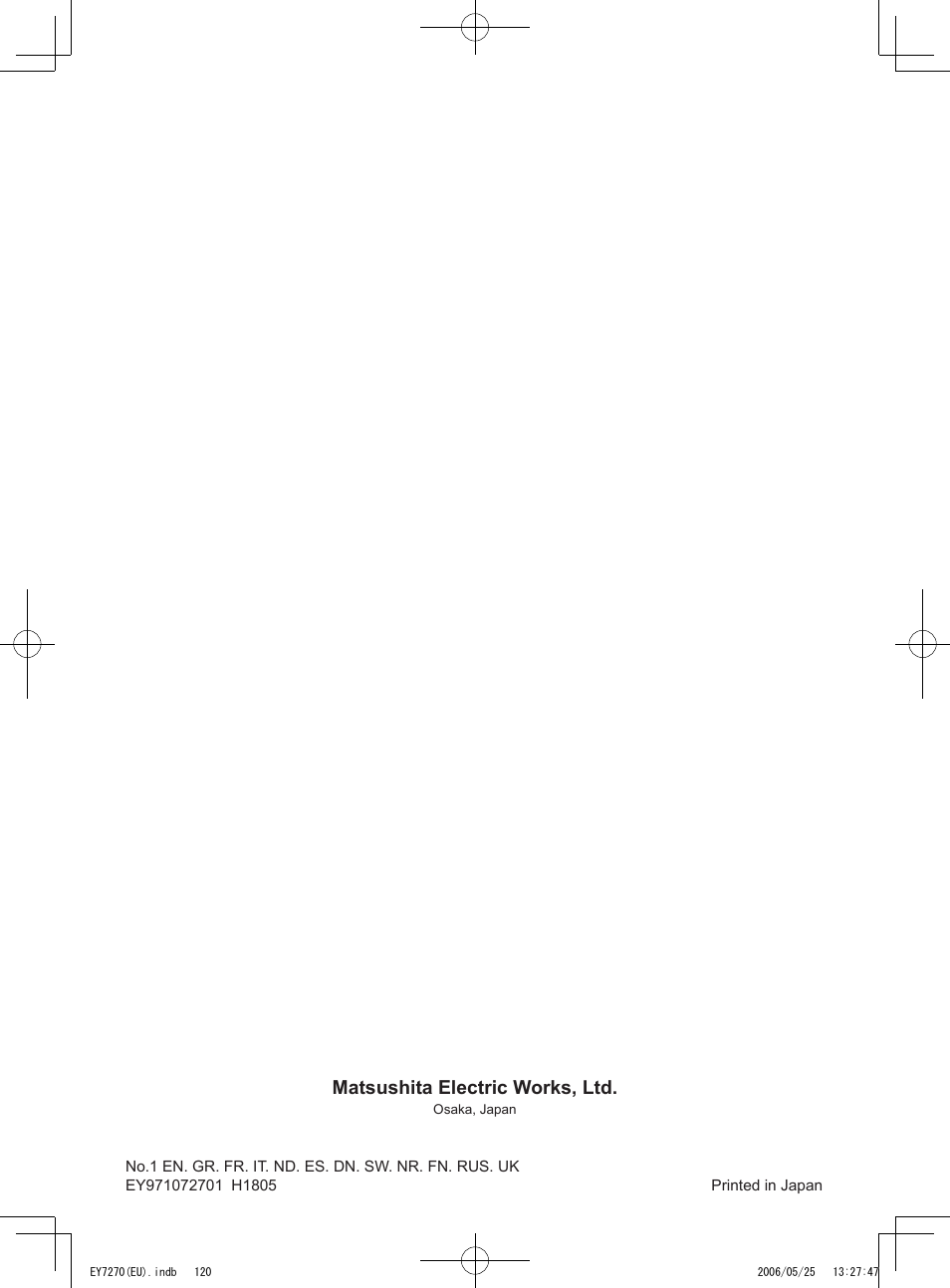 Matsushita electric works, ltd | Panasonic EY7270 User Manual | Page 120 / 120
