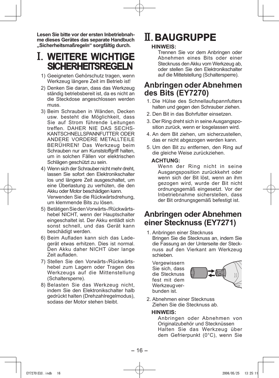 Weitere wichtige sicherheitsregeln, Baugruppe, Anbringen oder abnehmen des bits (ey7270) | Anbringen oder abnehmen einer stecknuss (ey7271) | Panasonic EY7270 User Manual | Page 16 / 120
