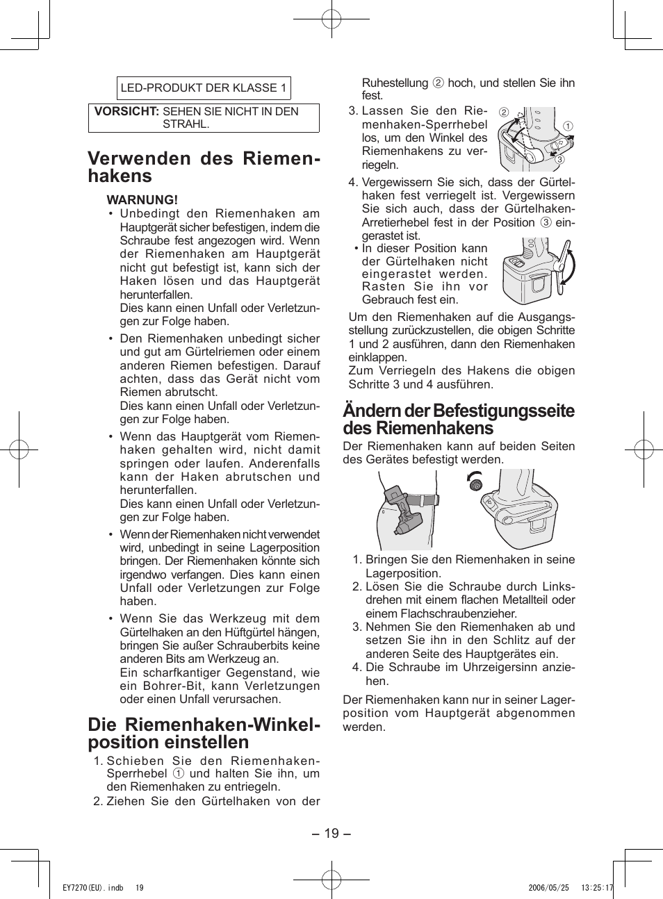 Verwenden des riemen- hakens, Die riemenhaken-winkel- position einstellen, Ändern der befestigungsseite des riemenhakens | Panasonic EY7270 User Manual | Page 19 / 120