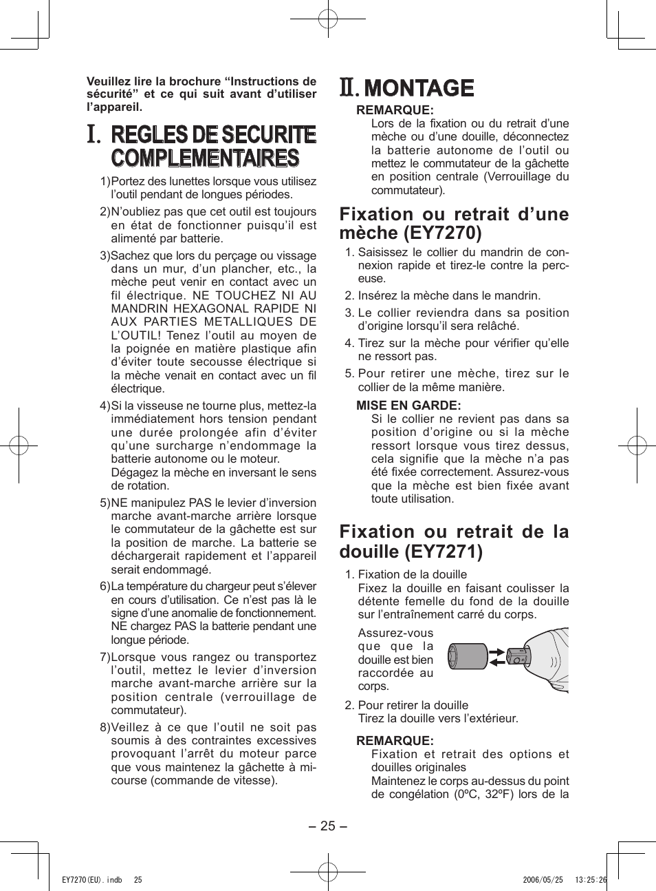 Regles de securite complementaires, Montage, Fixation ou retrait d’une mèche (ey7270) | Fixation ou retrait de la douille (ey7271) | Panasonic EY7270 User Manual | Page 25 / 120