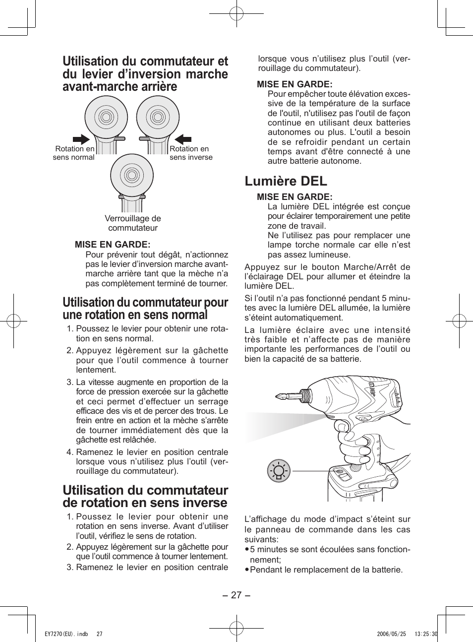 Lumière del | Panasonic EY7270 User Manual | Page 27 / 120