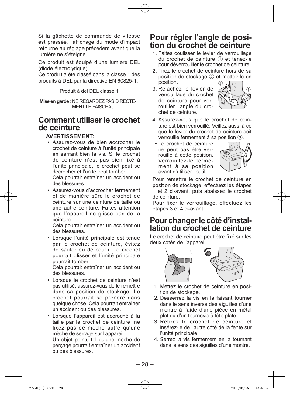 Comment utiliser le crochet de ceinture | Panasonic EY7270 User Manual | Page 28 / 120