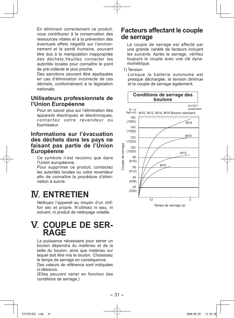 Entretien, Couple de ser- rage, Facteurs affectant le couple de serrage | Utilisateurs professionnels de l’union européenne | Panasonic EY7270 User Manual | Page 31 / 120