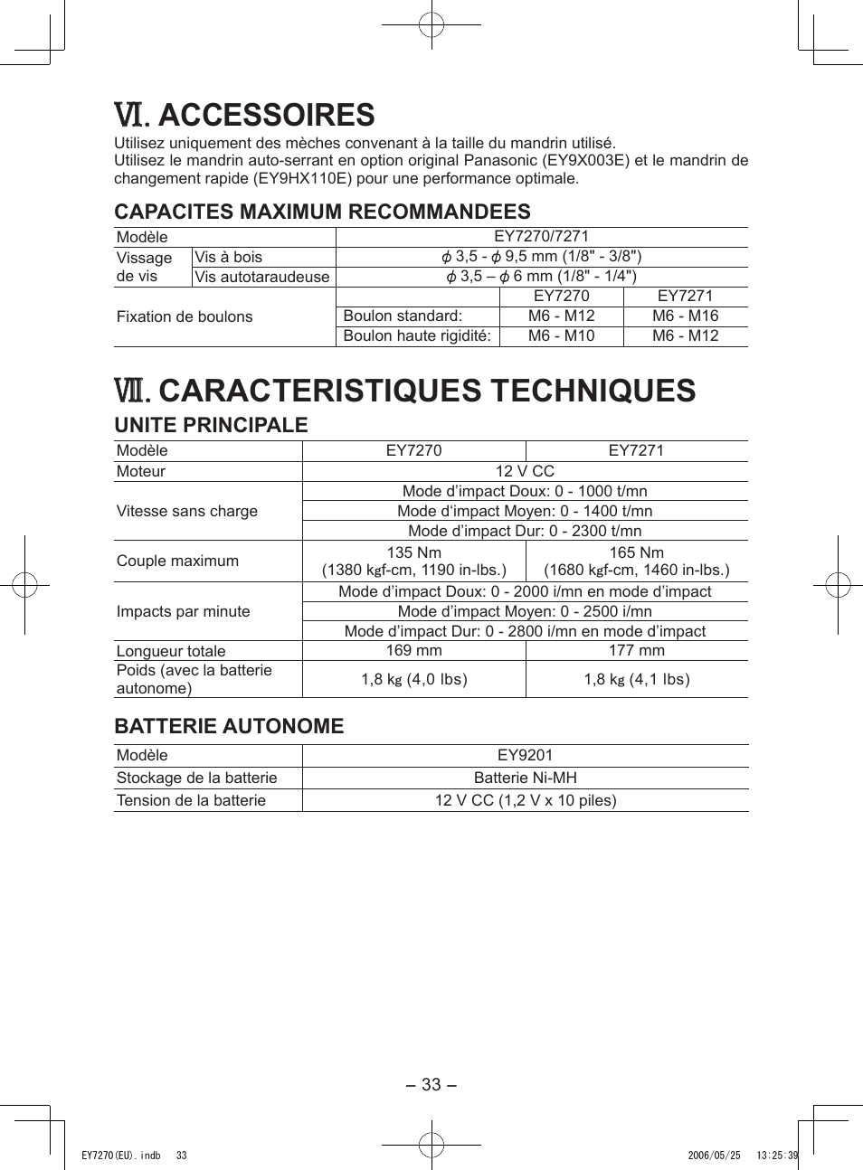 Accessoires, Caracteristiques techniques, Capacites maximum recommandees | Unite principale, Batterie autonome | Panasonic EY7270 User Manual | Page 33 / 120