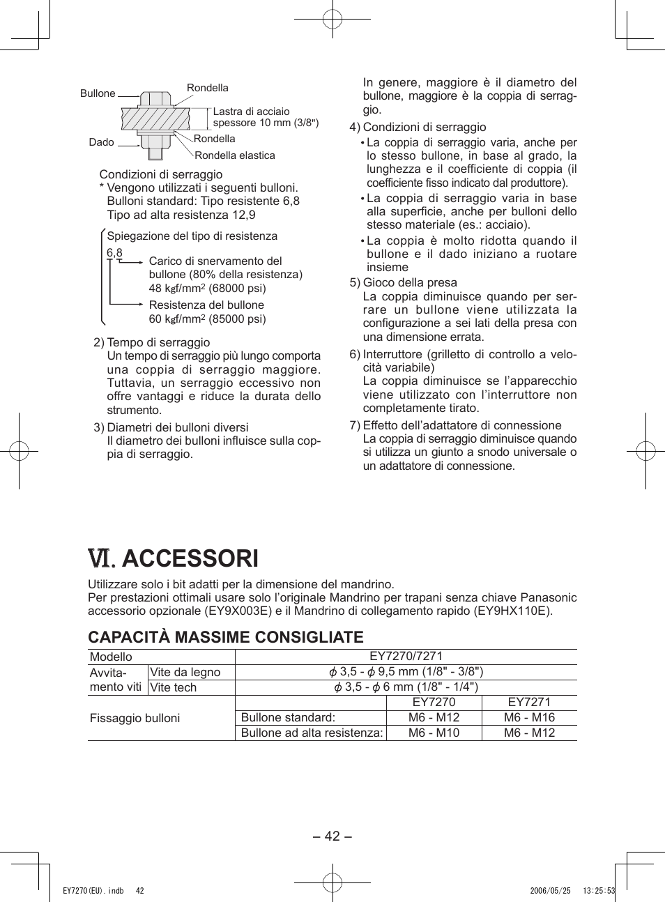 Accessori, Capacità massime consigliate | Panasonic EY7270 User Manual | Page 42 / 120