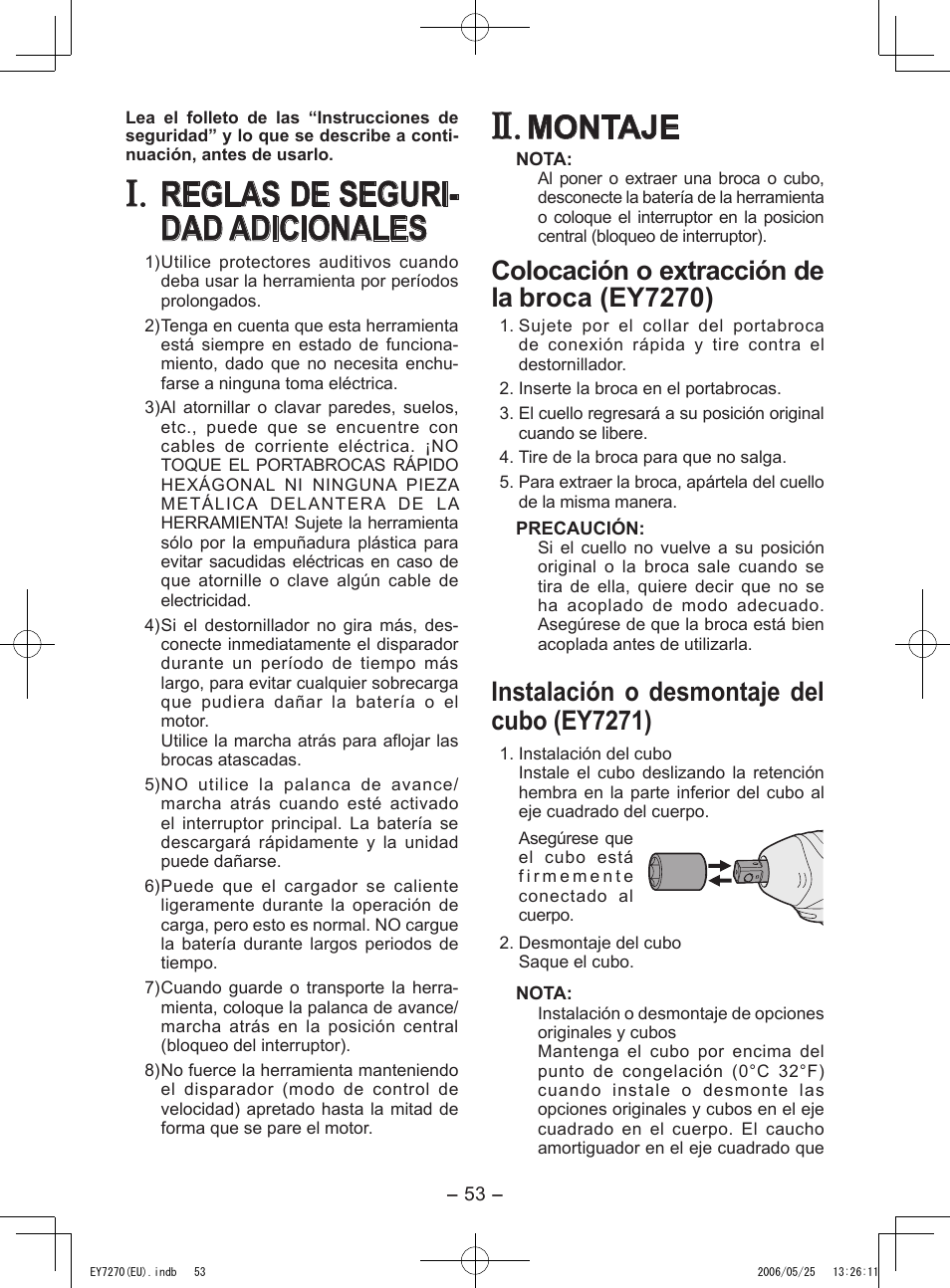Reglas de seguri- dad adicionales, Montaje, Colocación o extracción de la broca (ey7270) | Instalación o desmontaje del cubo (ey7271) | Panasonic EY7270 User Manual | Page 53 / 120