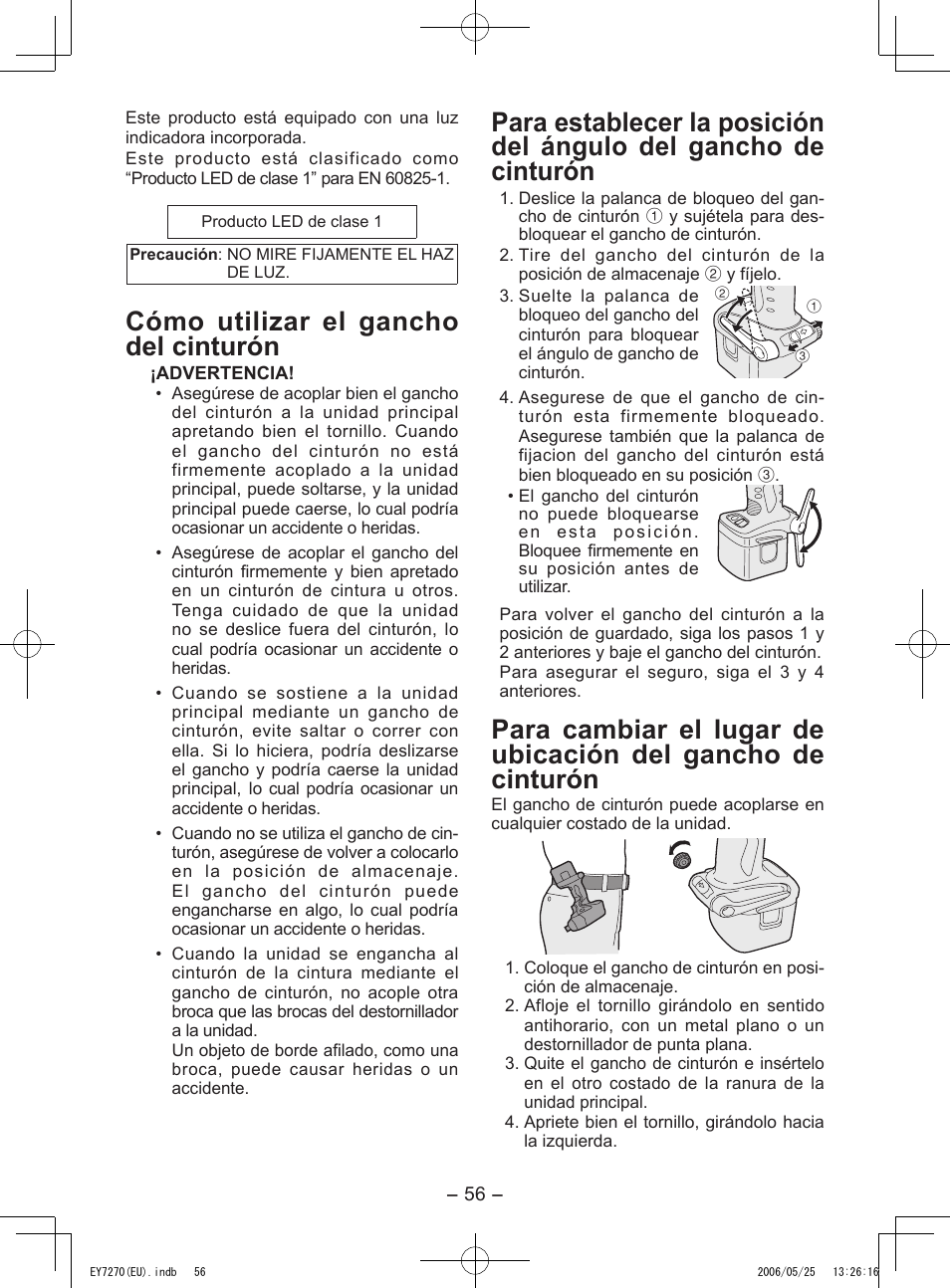 Cómo utilizar el gancho del cinturón | Panasonic EY7270 User Manual | Page 56 / 120