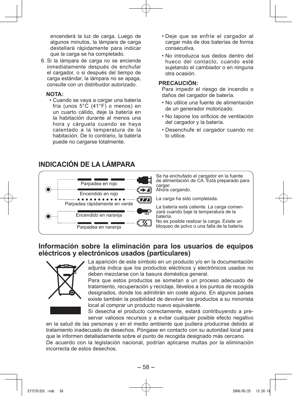 Indicación de la lámpara | Panasonic EY7270 User Manual | Page 58 / 120