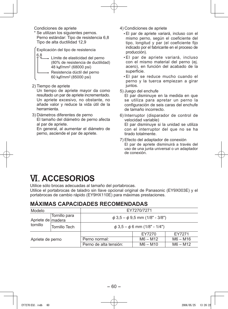 Accesorios, Máximas capacidades recomendadas | Panasonic EY7270 User Manual | Page 60 / 120