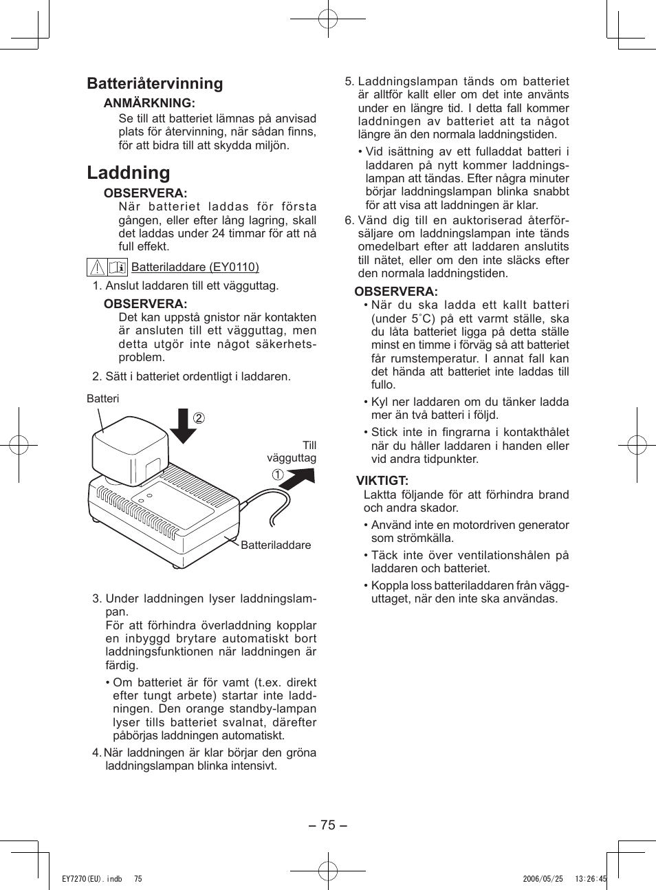 Laddning, Batteriåtervinning | Panasonic EY7270 User Manual | Page 75 / 120