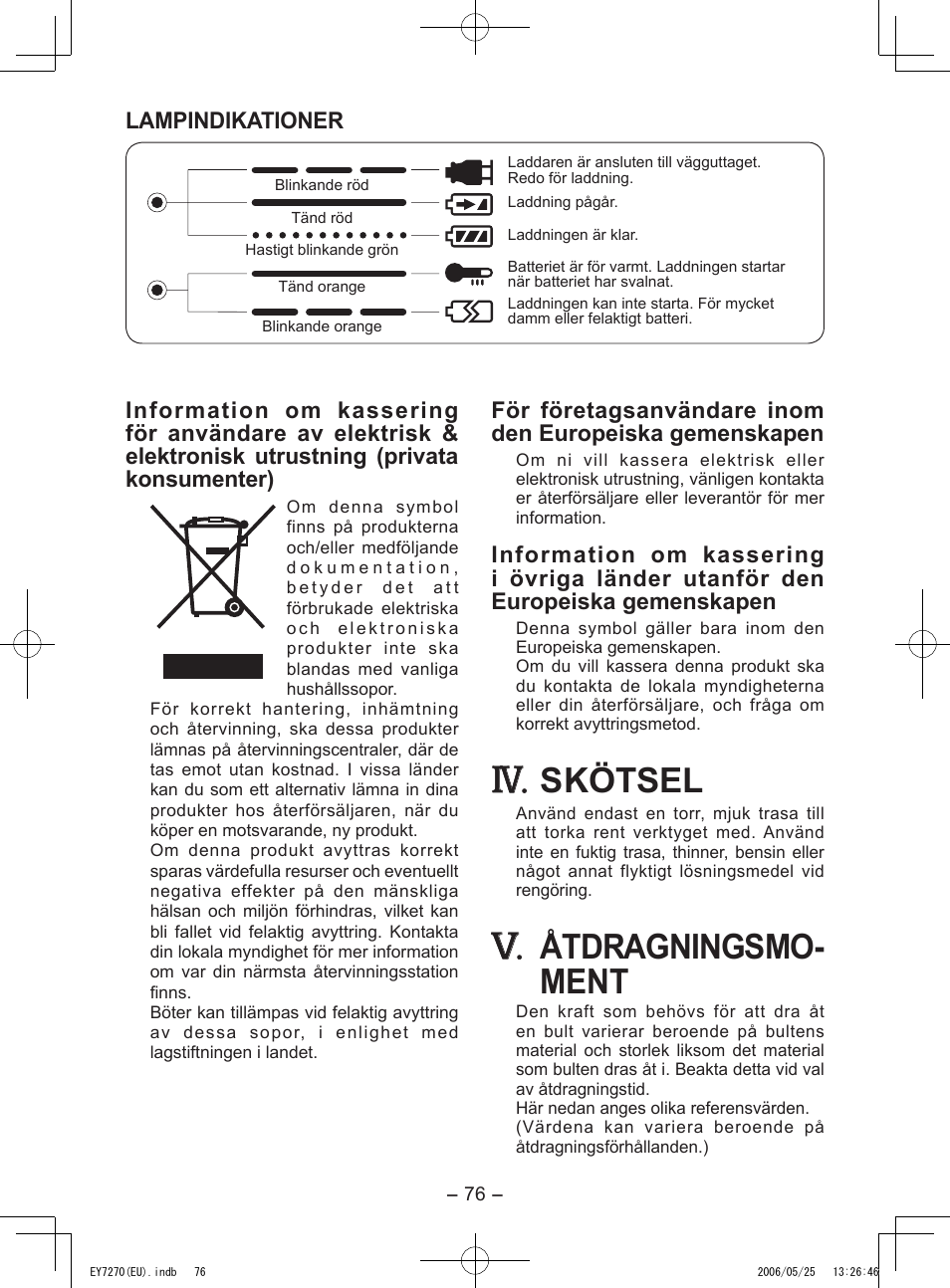 Skötsel, Åtdragningsmo- ment, Lampindikationer | Panasonic EY7270 User Manual | Page 76 / 120