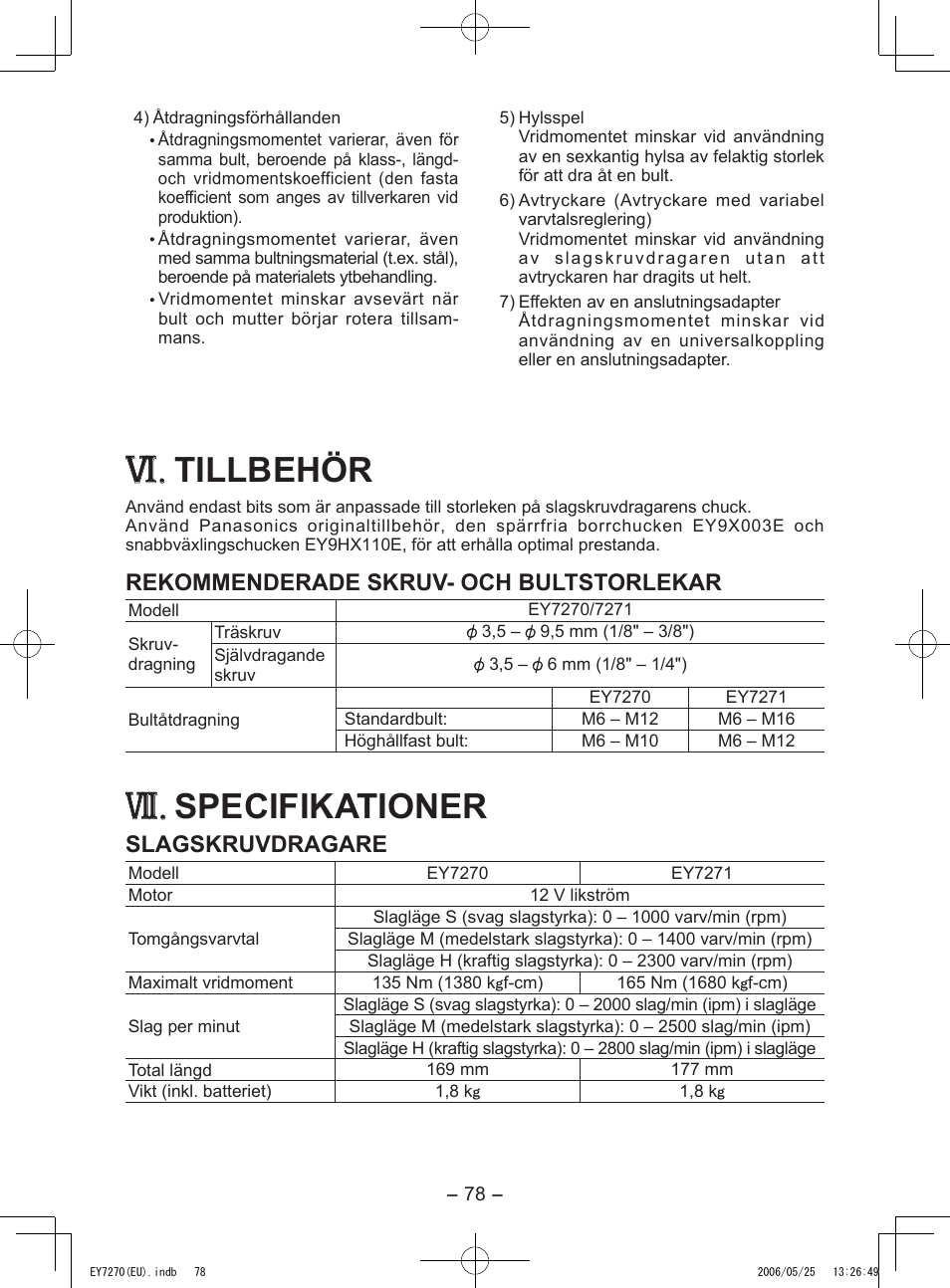 Tillbehör, Specifikationer, Rekommenderade skruv- och bultstorlekar | Slagskruvdragare | Panasonic EY7270 User Manual | Page 78 / 120