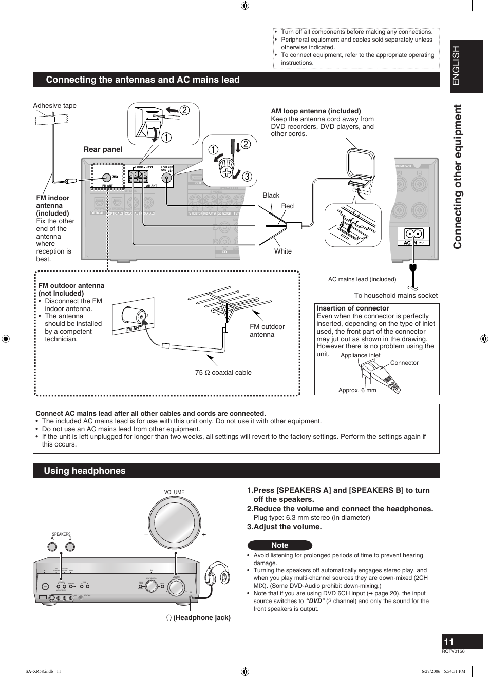 Connecting other equipment, English, Connecting the antennas and ac mains lead | Using headphones, Rear panel, Adjust the volume. 1. 2. 3, Video out cd player video out, Plug type: 6.3 mm stereo (in diameter) | Panasonic SA-XR58 User Manual | Page 11 / 40