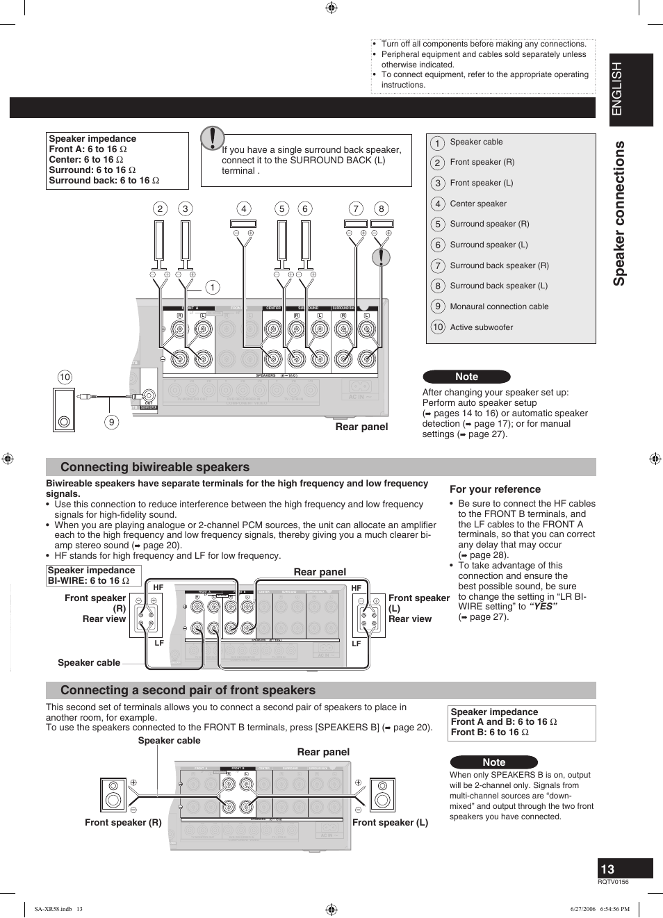 Speaker connections, English, Connecting speakers | Connecting biwireable speakers, Connecting a second pair of front speakers, Rear panel, For your reference, Pages 14 to 16) or automatic speaker detection, Page 17); or for manual settings, Page 27) | Panasonic SA-XR58 User Manual | Page 13 / 40