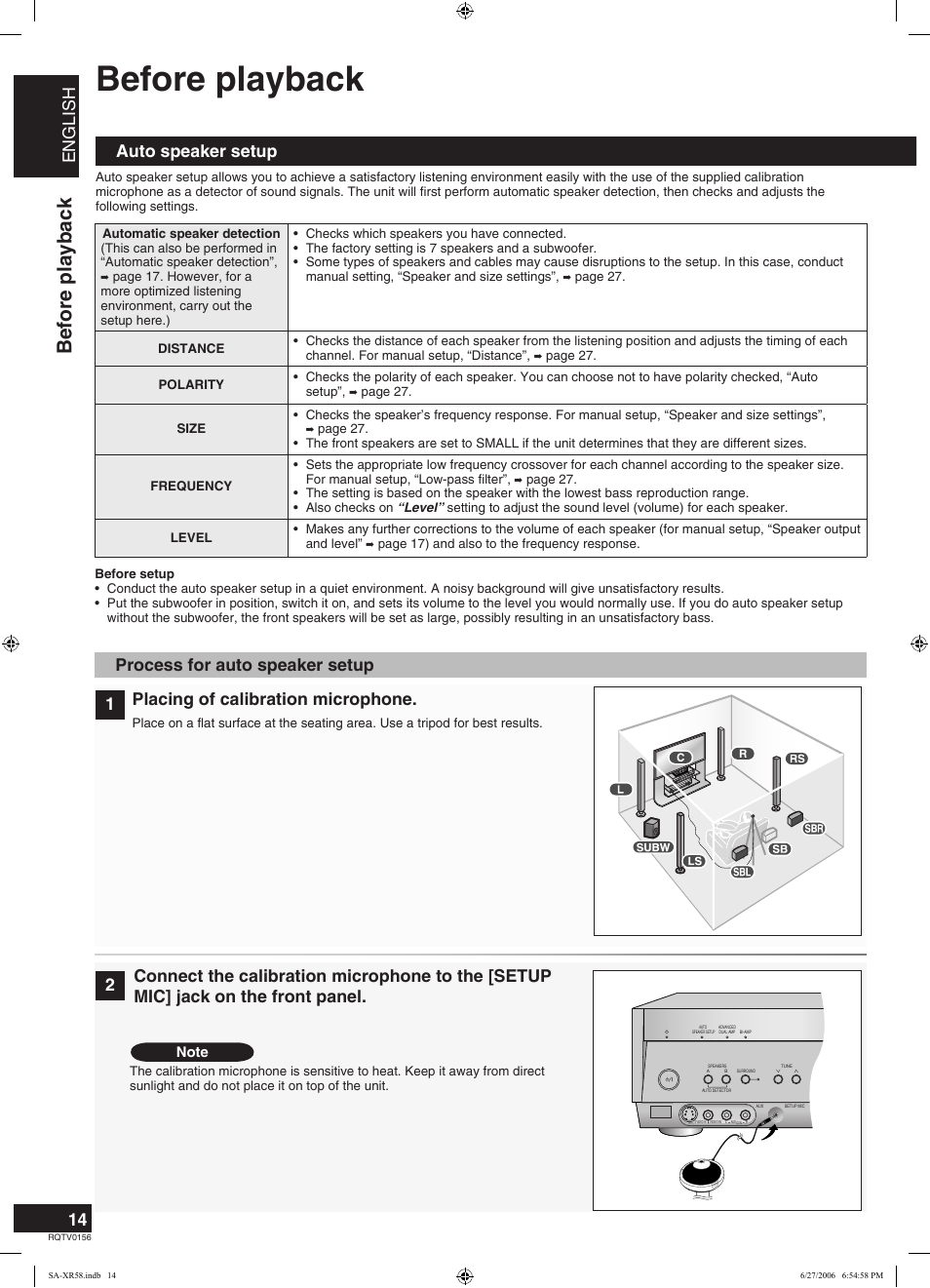 Before playback, English, Auto speaker setup | Placing of calibration microphone | Panasonic SA-XR58 User Manual | Page 14 / 40