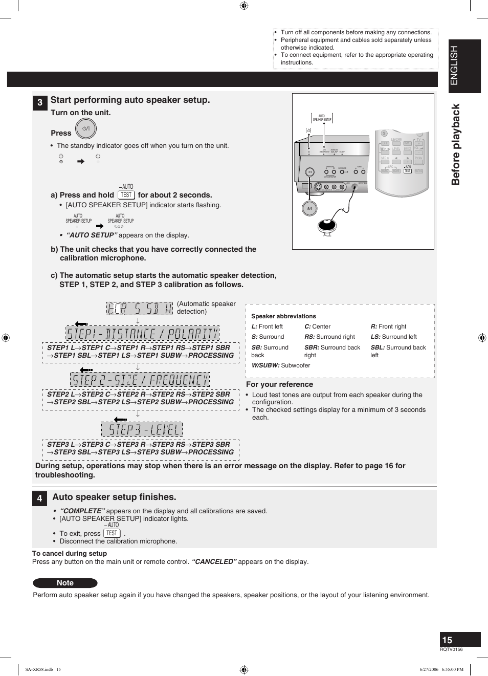 Before playback, English, A) press and hold for about 2 seconds | Press, For your reference, Automatic speaker detection) | Panasonic SA-XR58 User Manual | Page 15 / 40