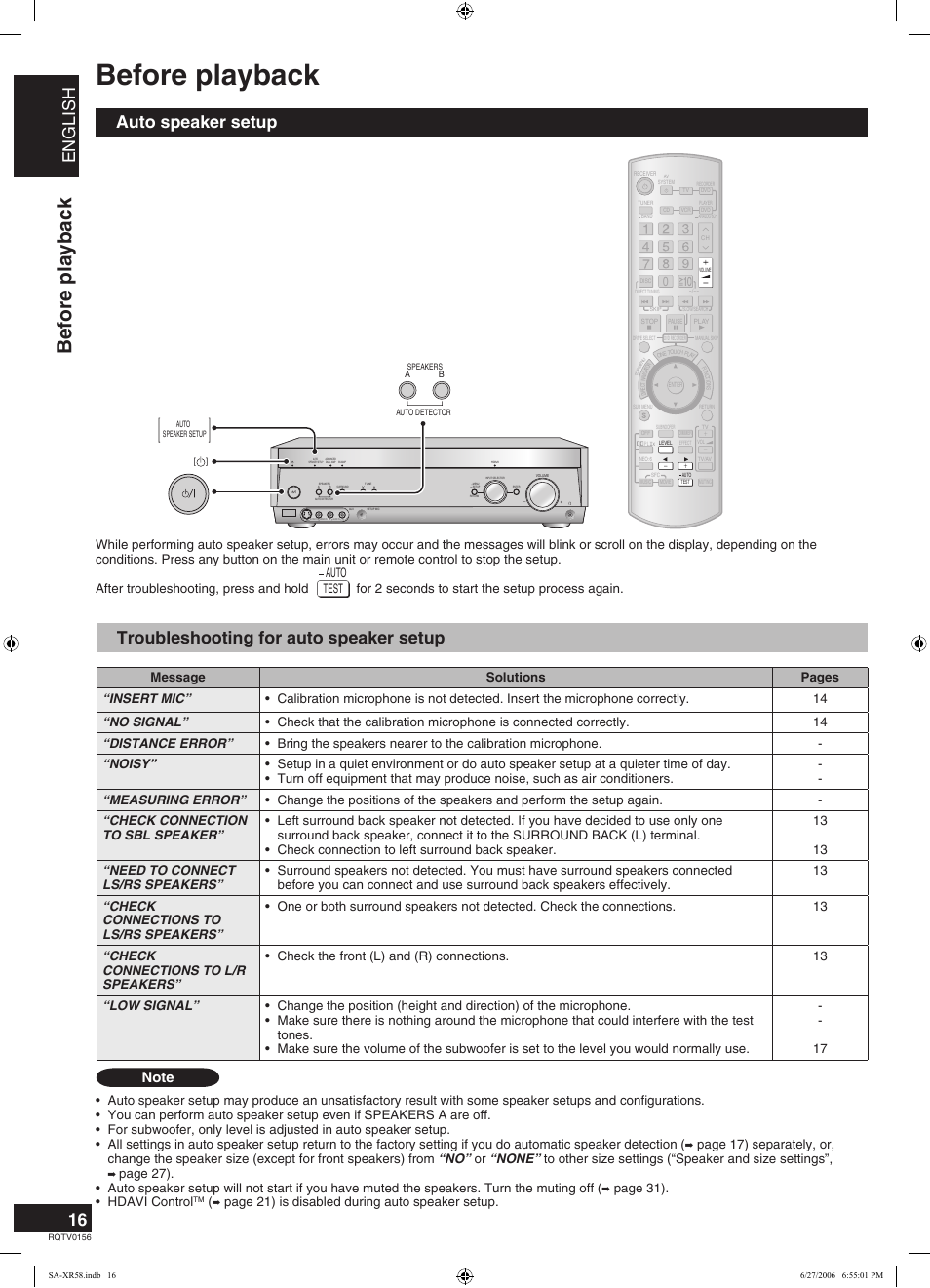 Before playback, English, Troubleshooting for auto speaker setup | Auto speaker setup, Page 31). hdavi control, Page 21) is disabled during auto speaker setup | Panasonic SA-XR58 User Manual | Page 16 / 40