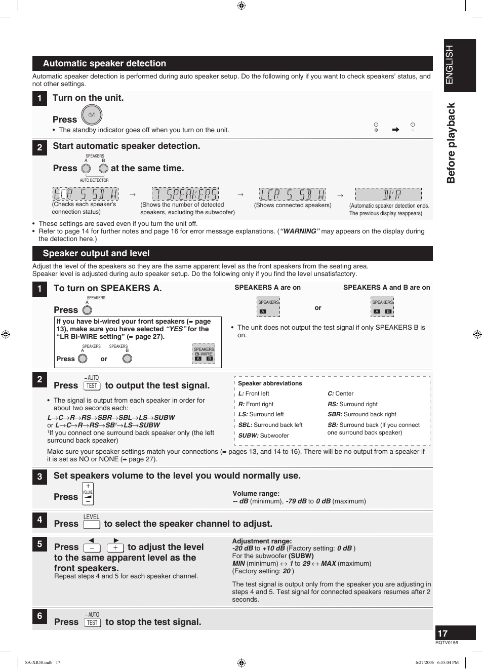 Before playback, English, Speaker output and level | Press 1, Press to output the test signal, 45 press to stop the test signal. 6, Automatic speaker detection, Turn on the unit, Press, Start automatic speaker detection | Panasonic SA-XR58 User Manual | Page 17 / 40