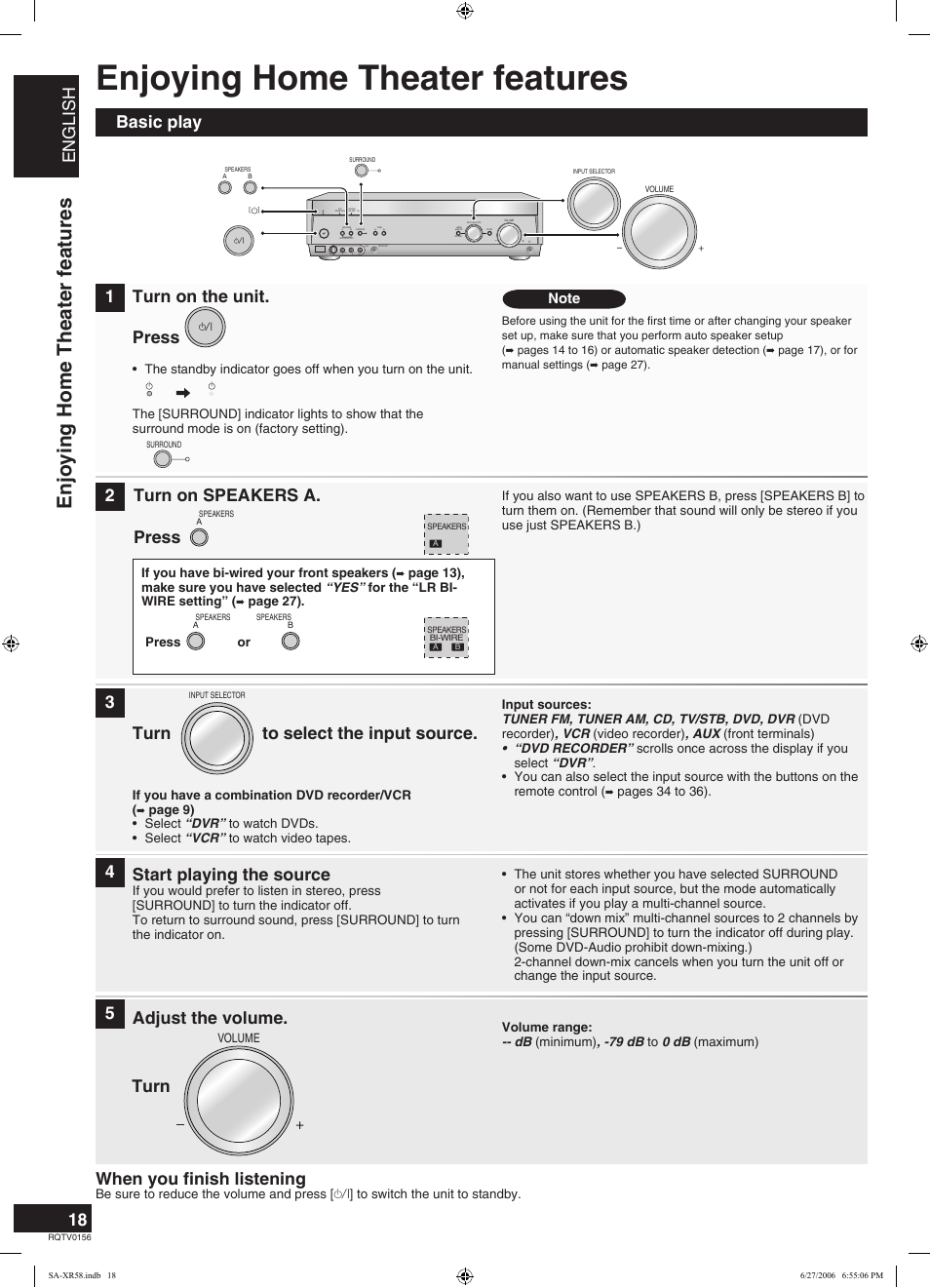 Enjoying home theater features, English, Basic play turn on the unit. press | Turn to select the input source, Start playing the source, Adjust the volume, When you finish listening, Turn | Panasonic SA-XR58 User Manual | Page 18 / 40