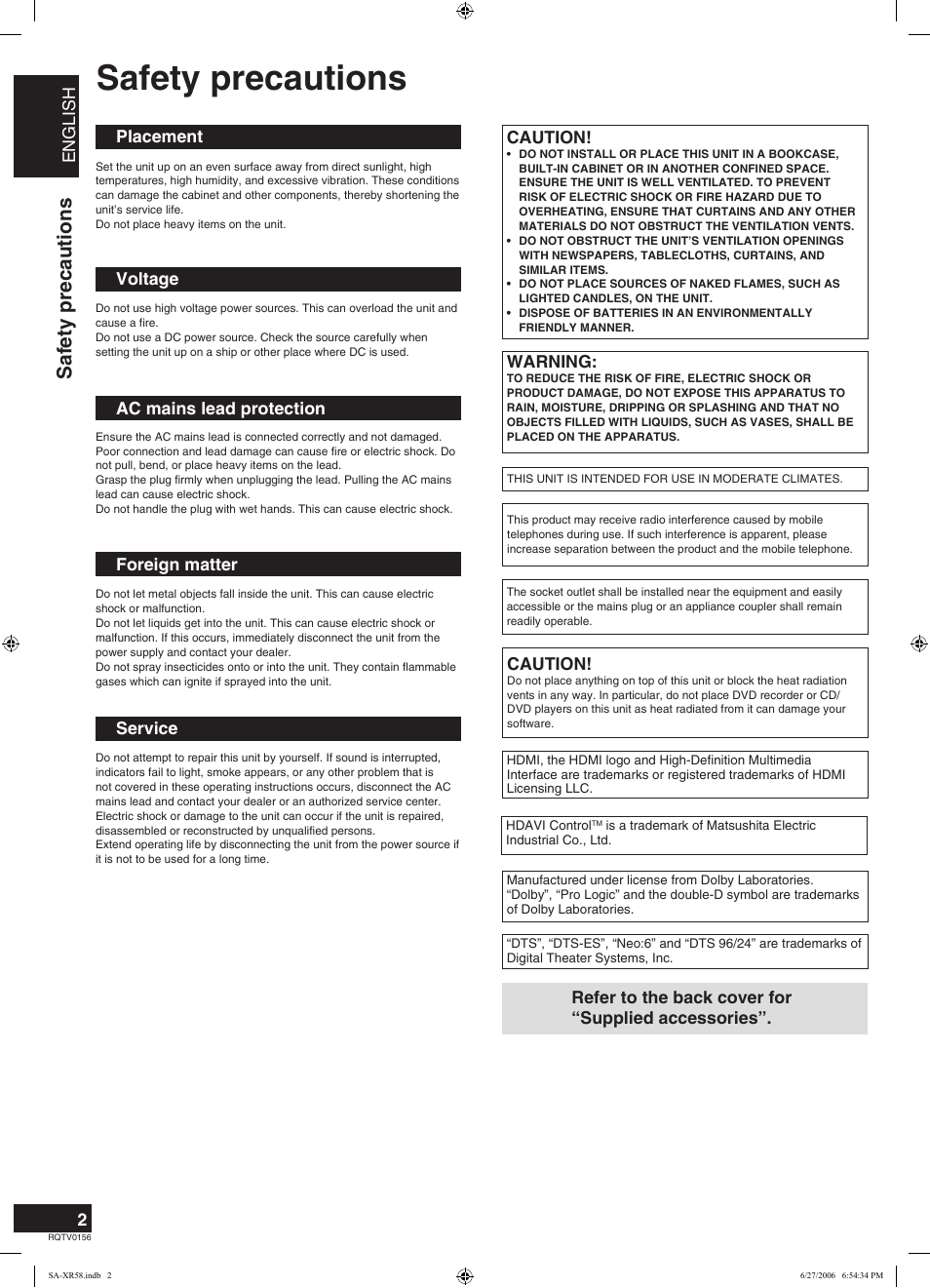 Safety precautions | Panasonic SA-XR58 User Manual | Page 2 / 40