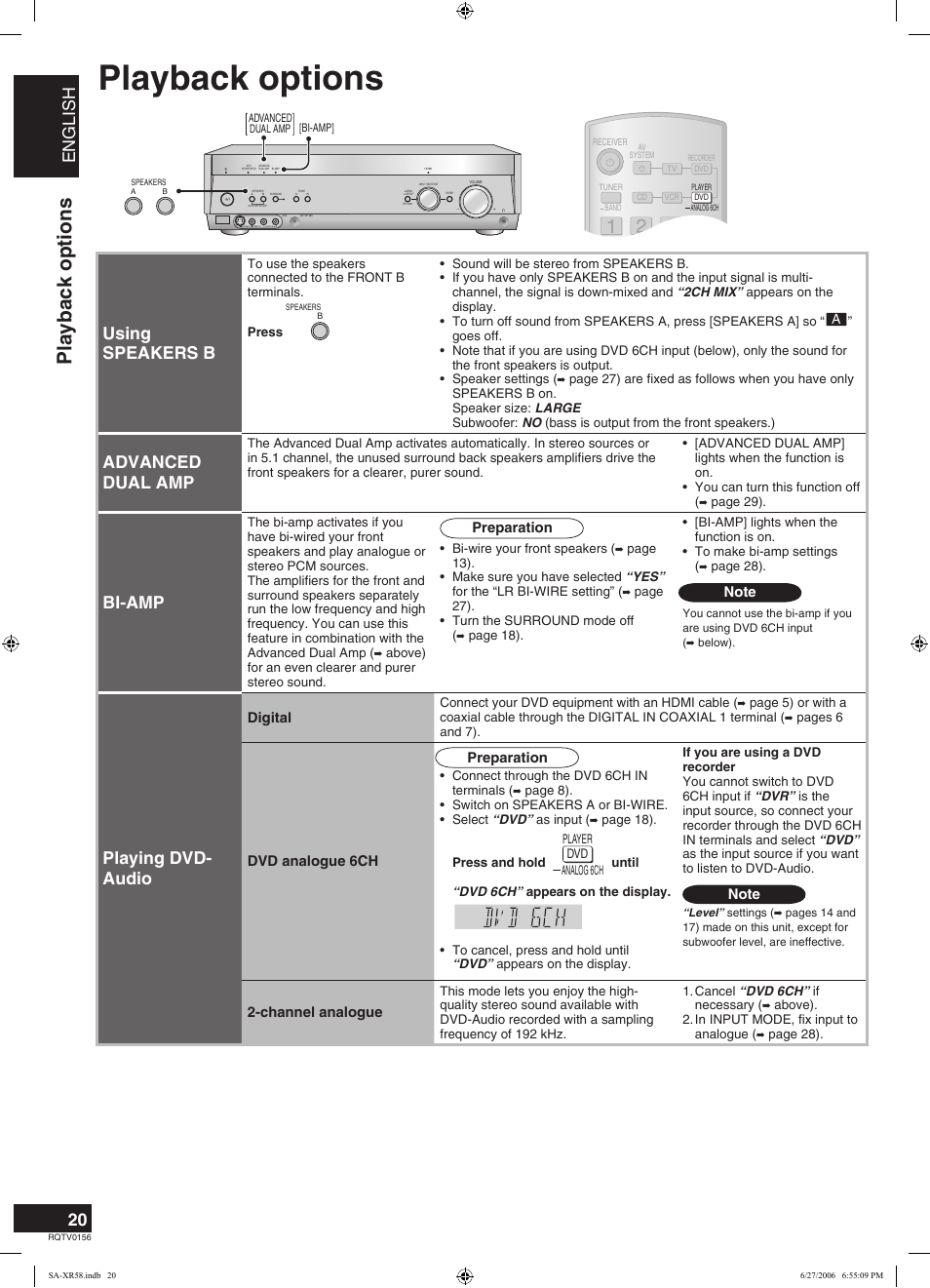 Playback options, English, Using speakers b | Advanced dual amp, Bi-amp, Playing dvd- audio | Panasonic SA-XR58 User Manual | Page 20 / 40