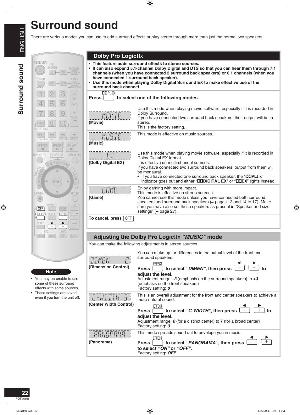 Surround sound, English, Dolby pro logic ιιx | Adjusting the dolby pro logic ιιx “music” mode | Panasonic SA-XR58 User Manual | Page 22 / 40