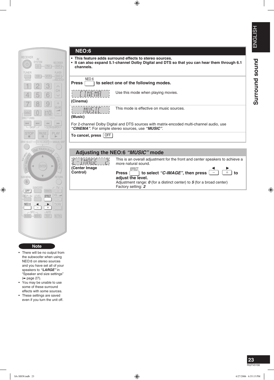 Surround sound, English, 23 dolby pro logic ιιx | Neo:6, Adjusting the neo:6 “music” mode | Panasonic SA-XR58 User Manual | Page 23 / 40
