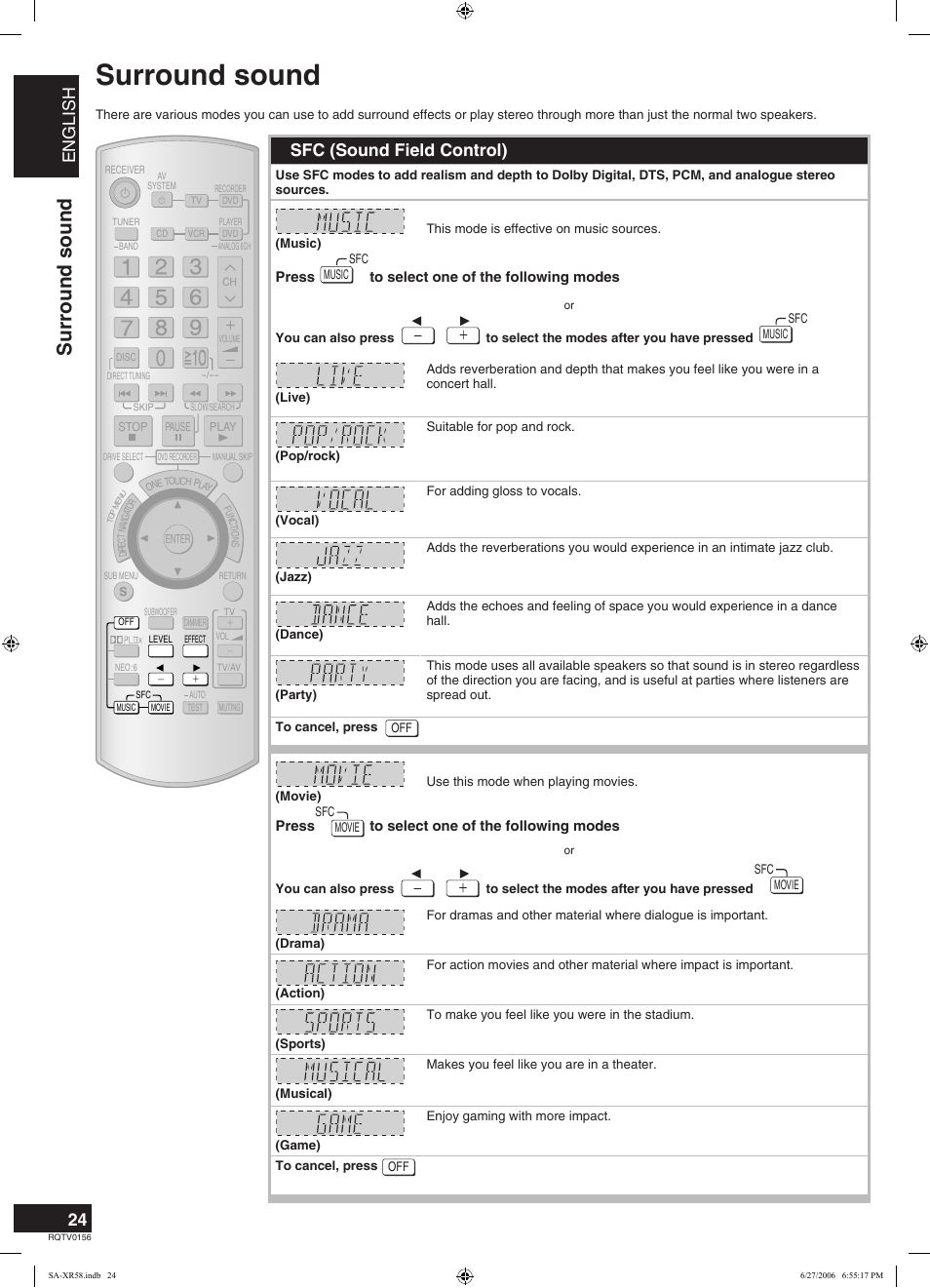 Surround sound, English, Sfc (sound field control) | Panasonic SA-XR58 User Manual | Page 24 / 40