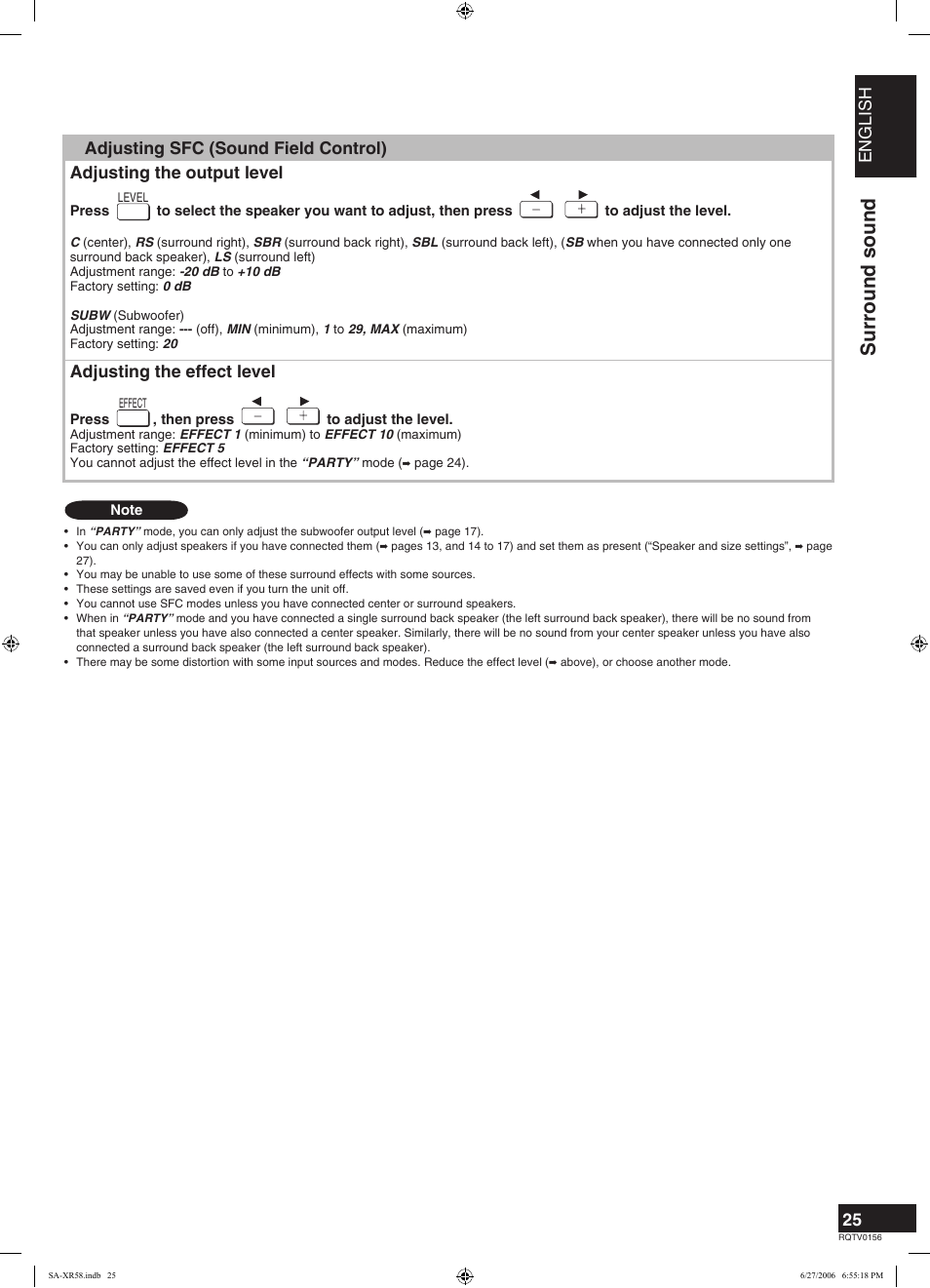 Surround sound, English, Sfc (sound field control) | Adjusting the effect level | Panasonic SA-XR58 User Manual | Page 25 / 40