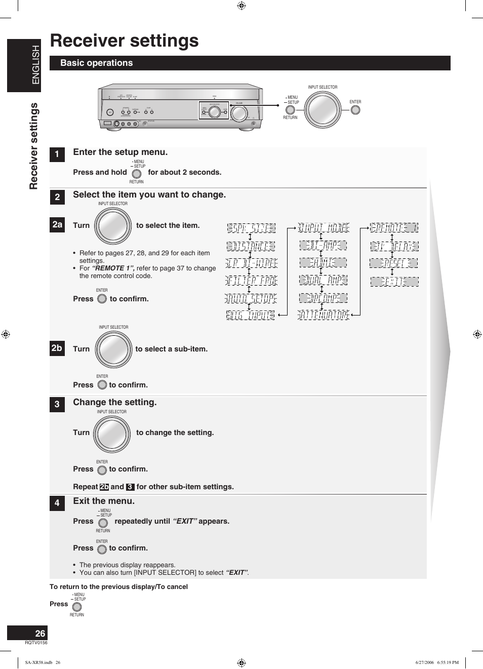 Receiver settings, English, Basic operations 1 2 3 4 enter the setup menu | Select the item you want to change, Change the setting, Exit the menu | Panasonic SA-XR58 User Manual | Page 26 / 40