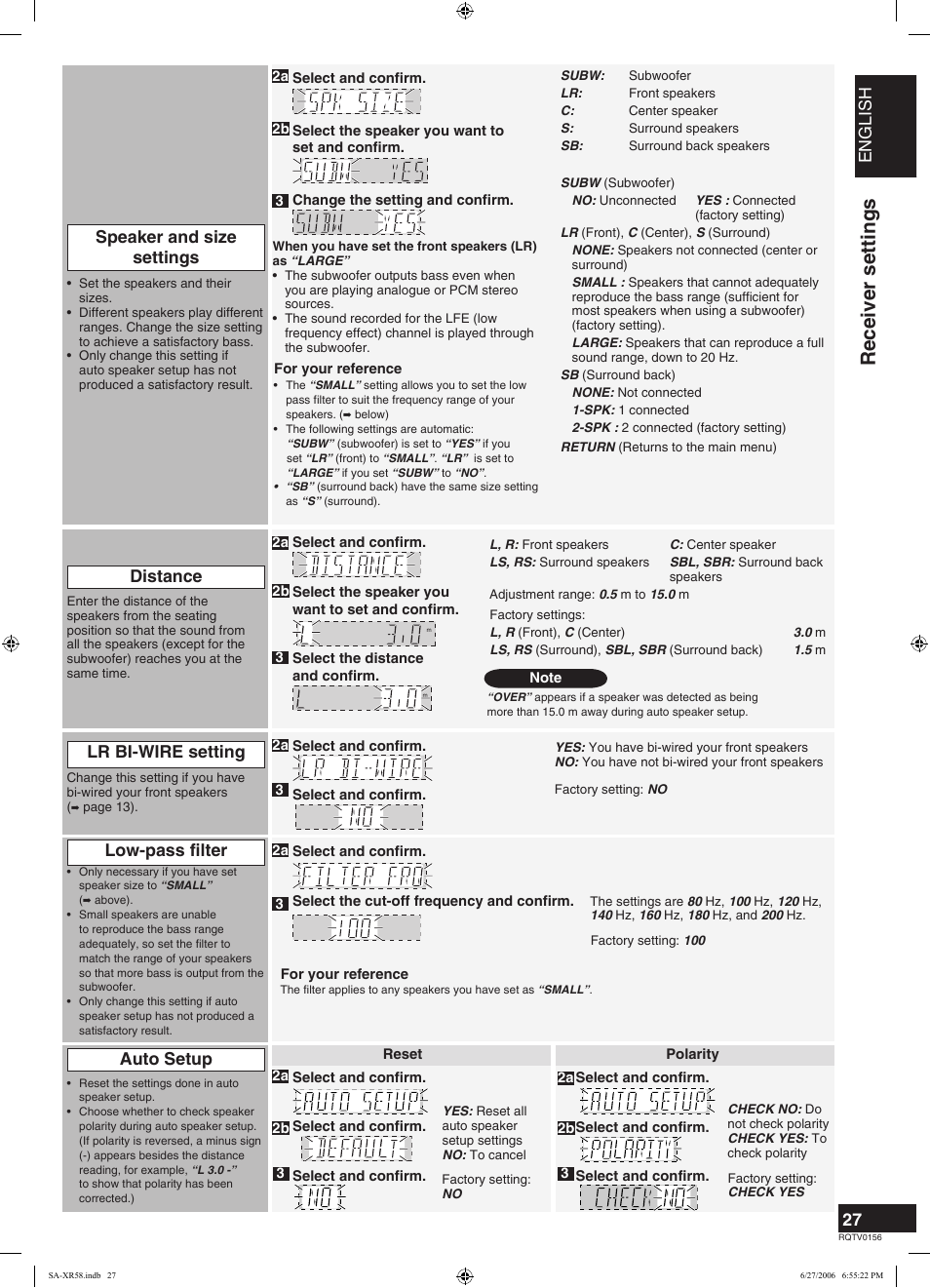 Receiver settings, English, Auto setup | Panasonic SA-XR58 User Manual | Page 27 / 40