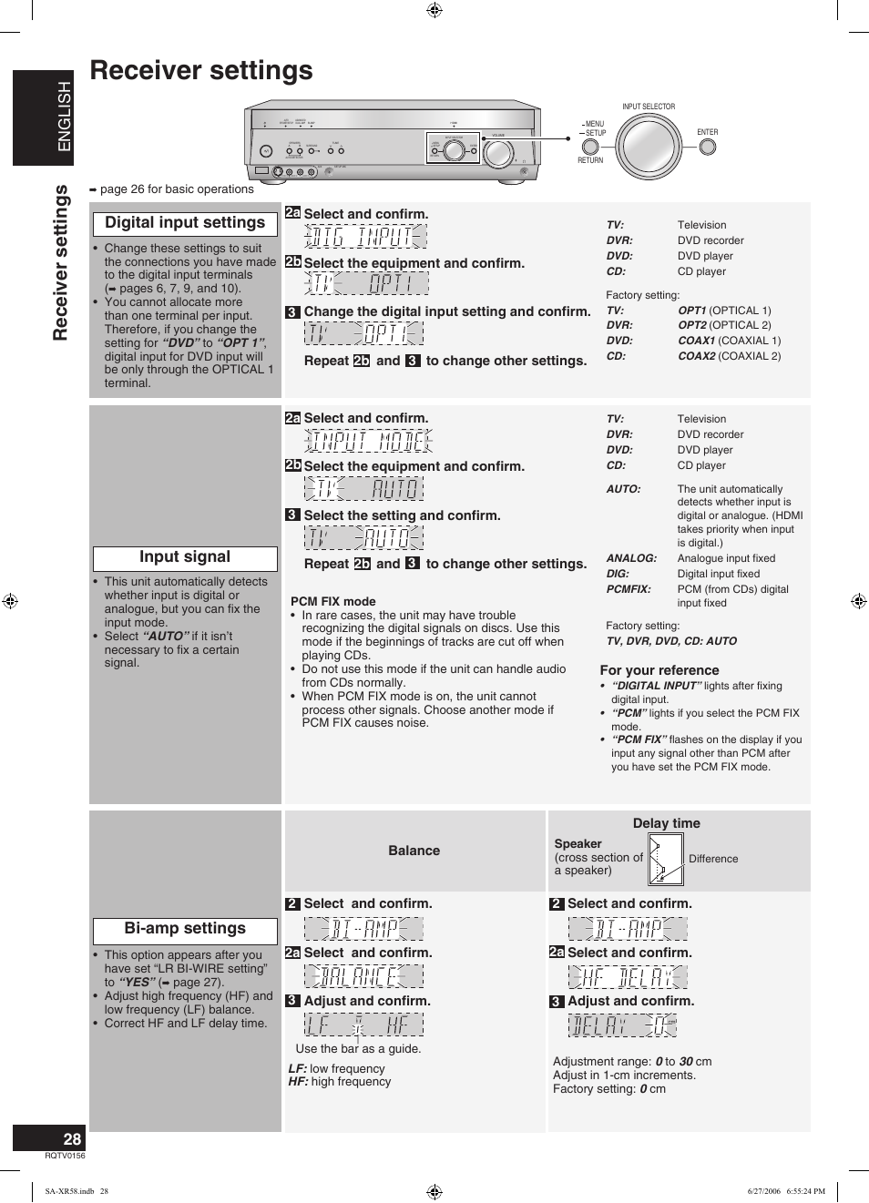Receiver settings, English | Panasonic SA-XR58 User Manual | Page 28 / 40