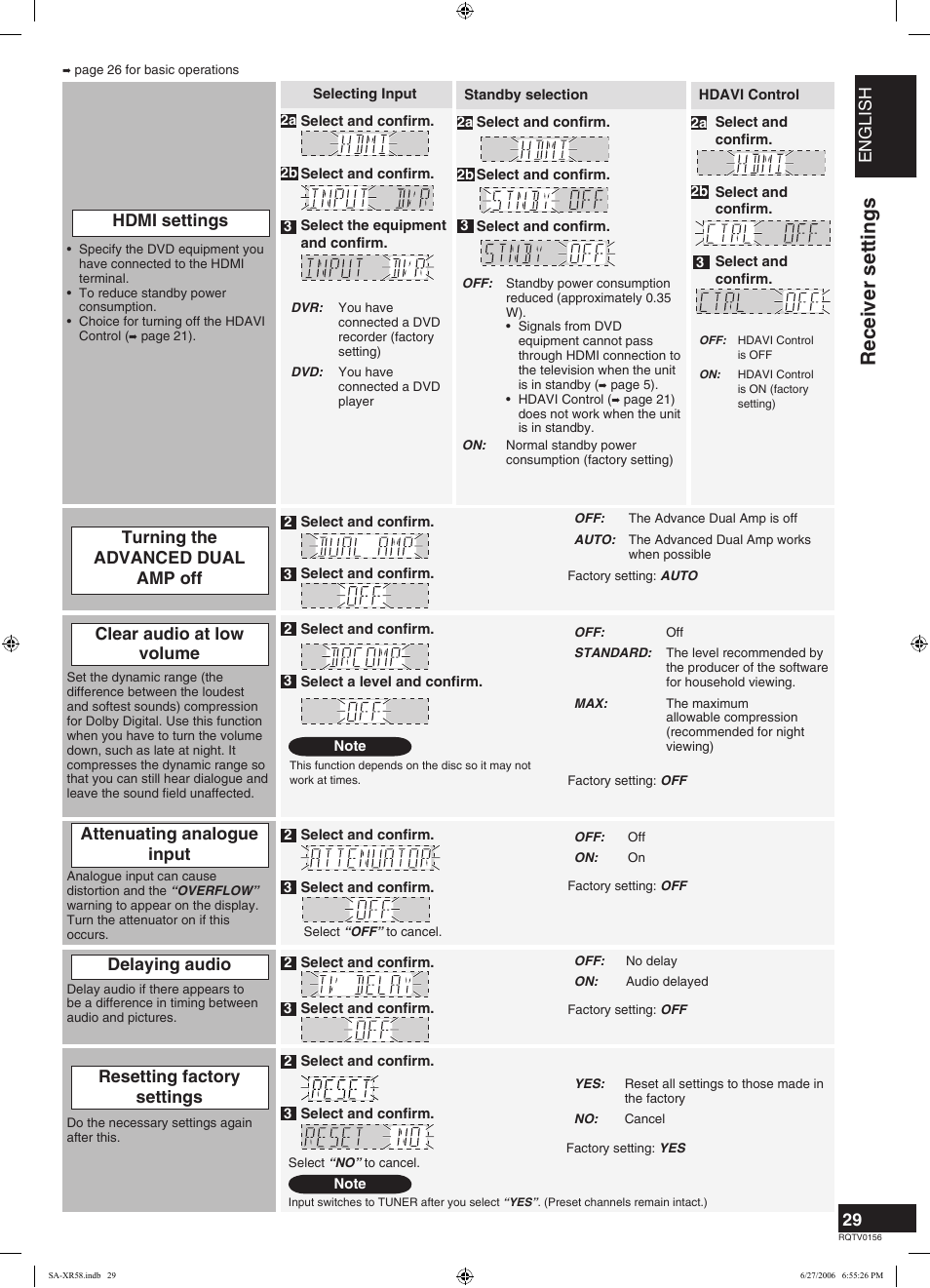 Receiver settings, English | Panasonic SA-XR58 User Manual | Page 29 / 40