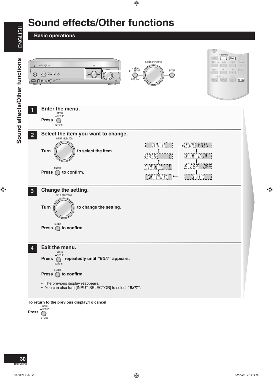 Sound effects/other functions, English, Basic operations 1 2 3 4 enter the menu | Select the item you want to change, Change the setting, Exit the menu, Press, Turn to select the item, Turn to change the setting. press to confirm, Press to confirm | Panasonic SA-XR58 User Manual | Page 30 / 40